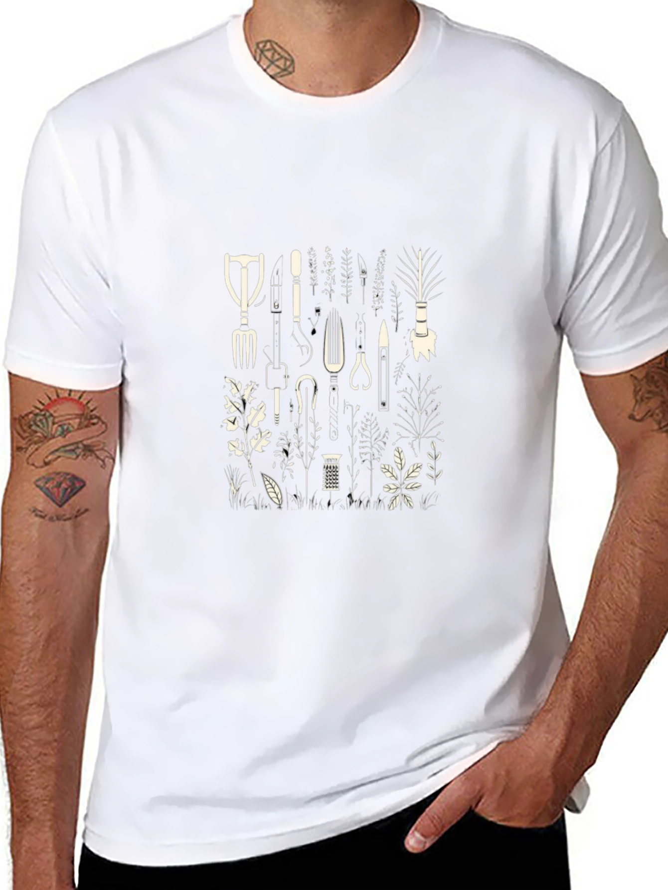 Gardening Tools Print Black T-Shirt