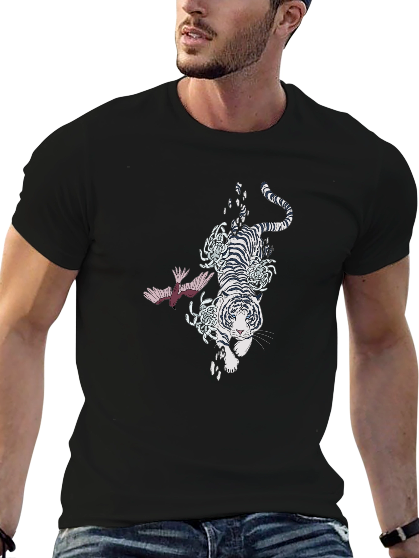 Tiger and Bird Graphic Black T-Shirt