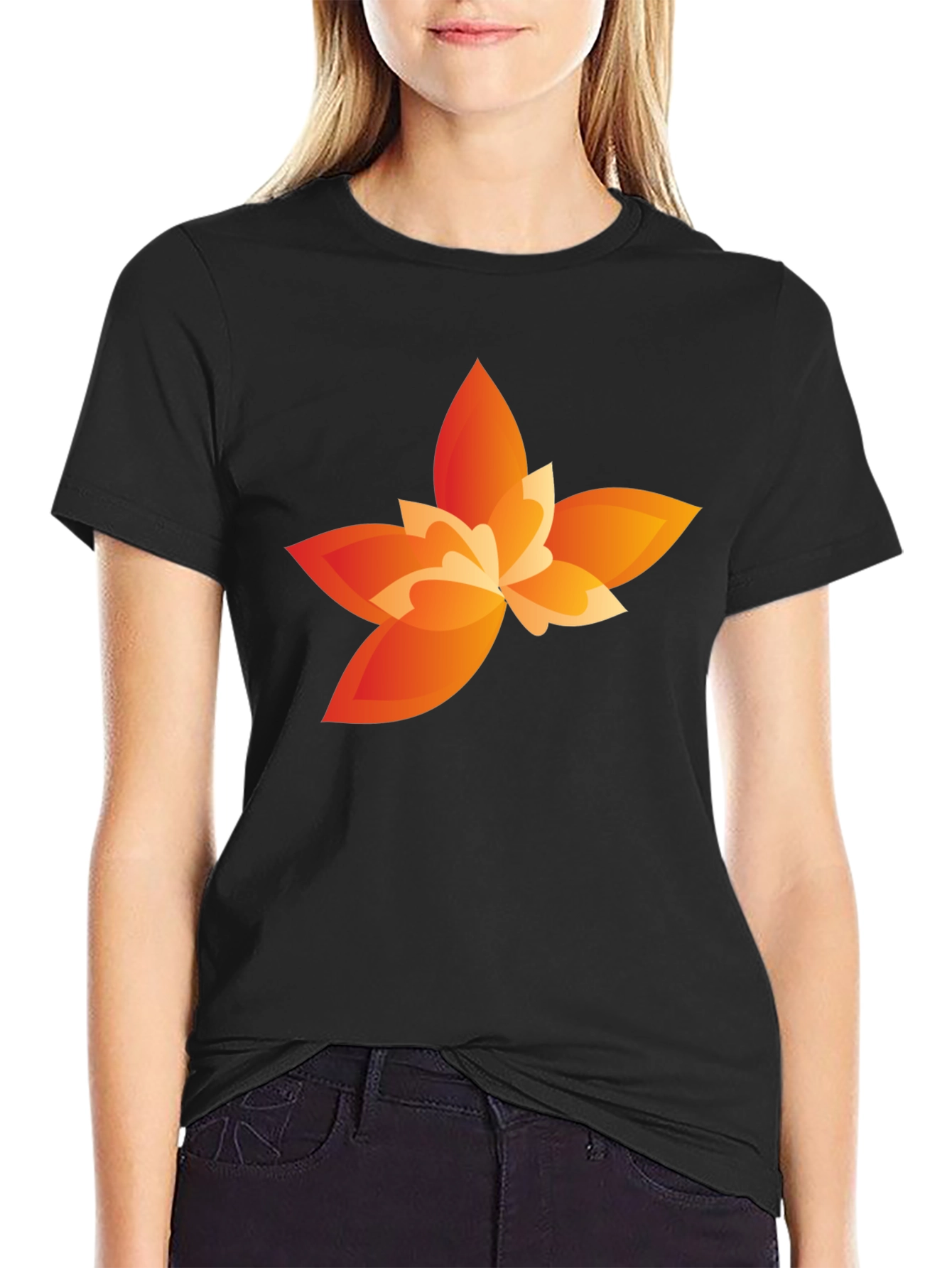 Modern Orange Flower Graphic Black T-Shirt