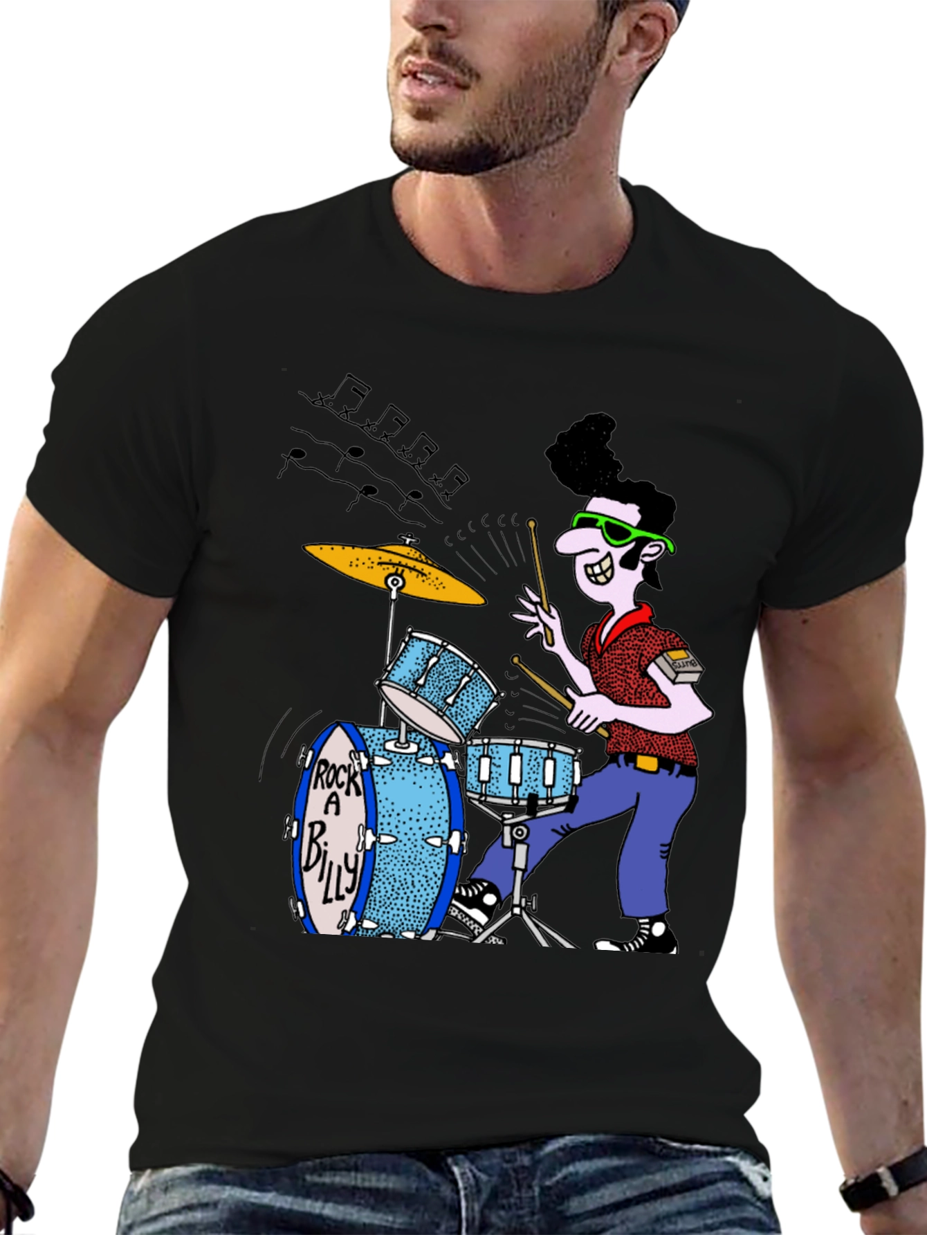 Rockabilly Drummer Graphic Tee - Black Cotton T-Shirt