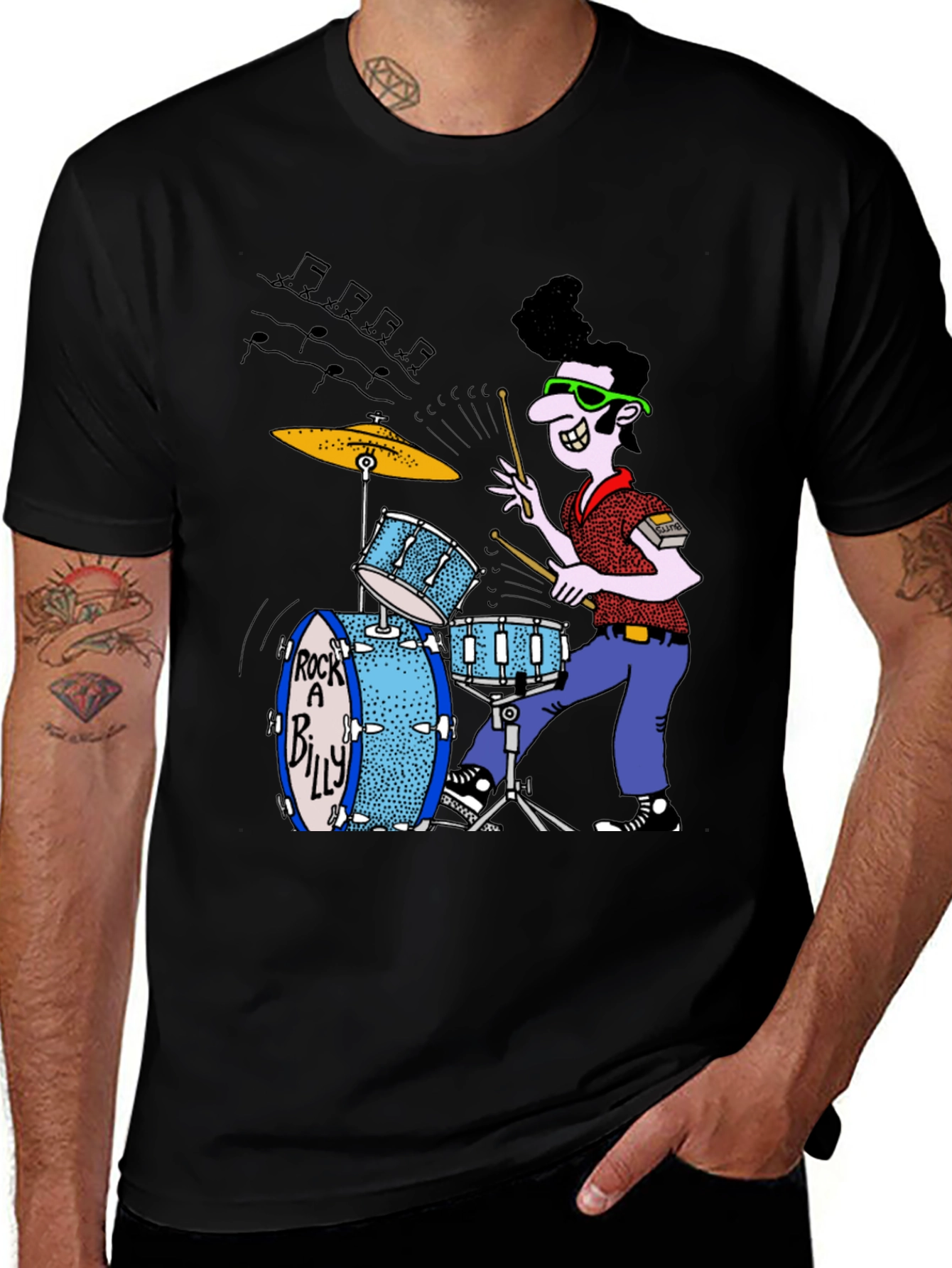 Rockabilly Drummer Graphic Tee - Black Cotton T-Shirt