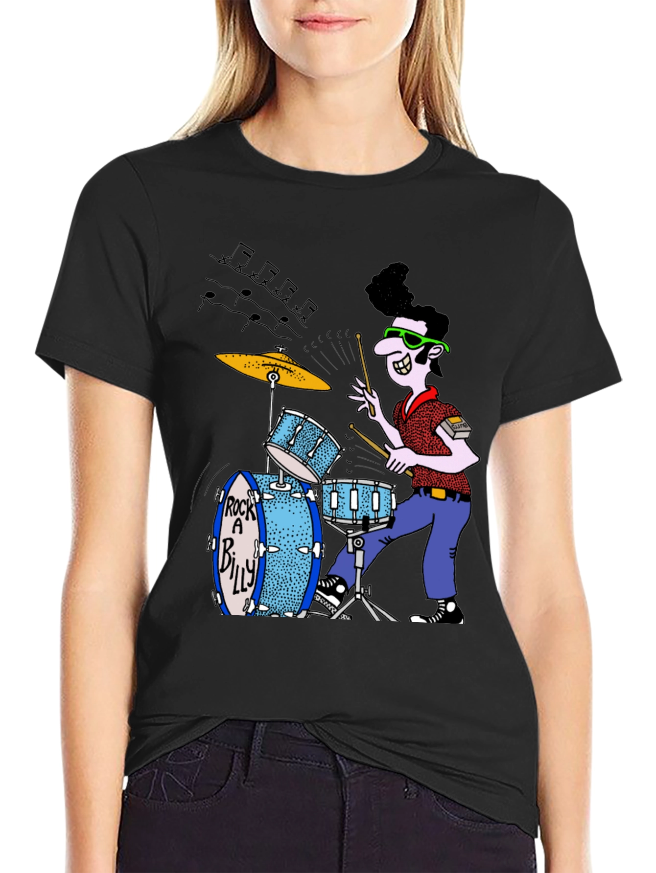 Rockabilly Drummer Graphic Tee - Black Cotton T-Shirt