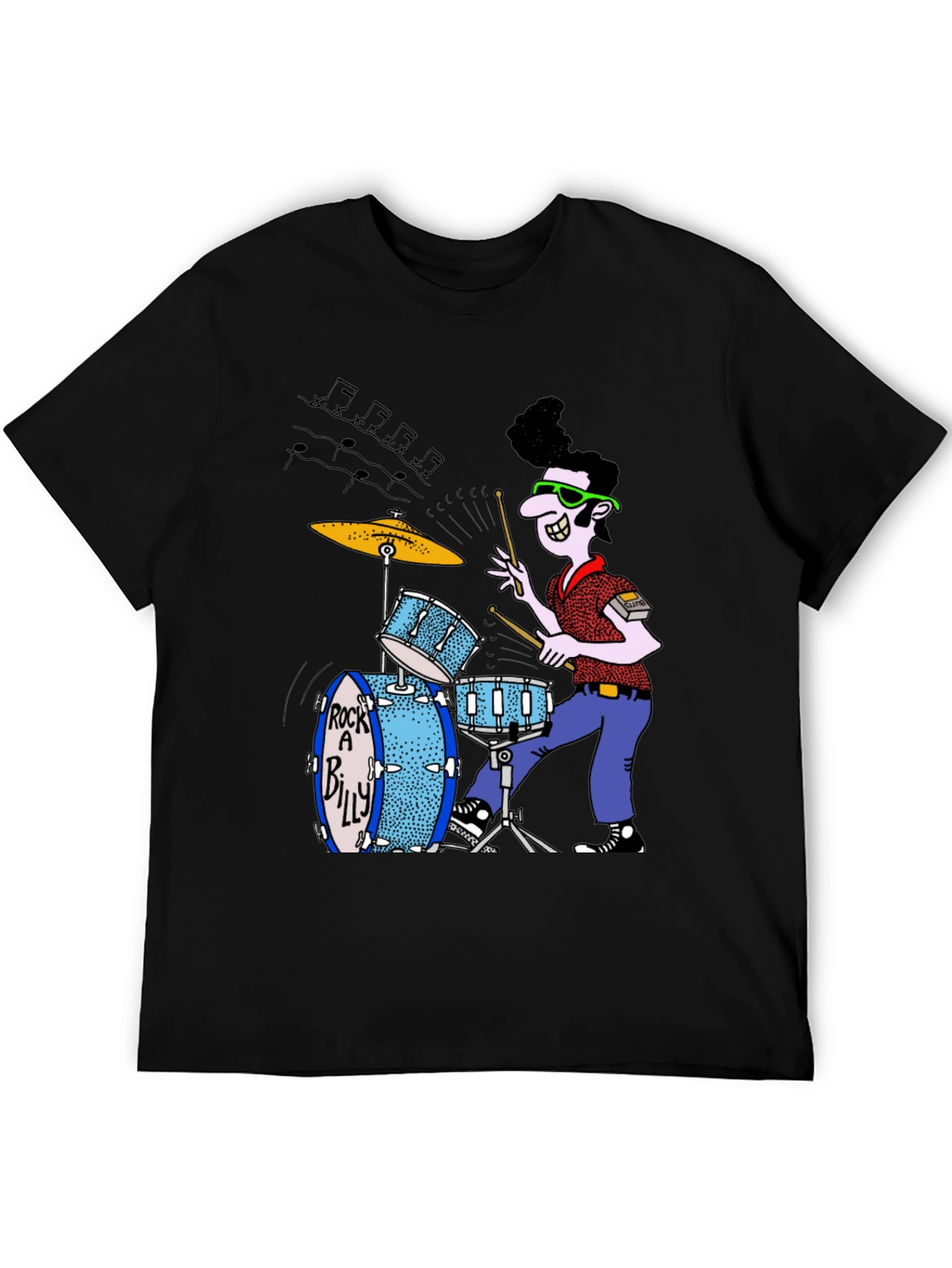 Rockabilly Drummer Graphic Tee - Black Cotton T-Shirt