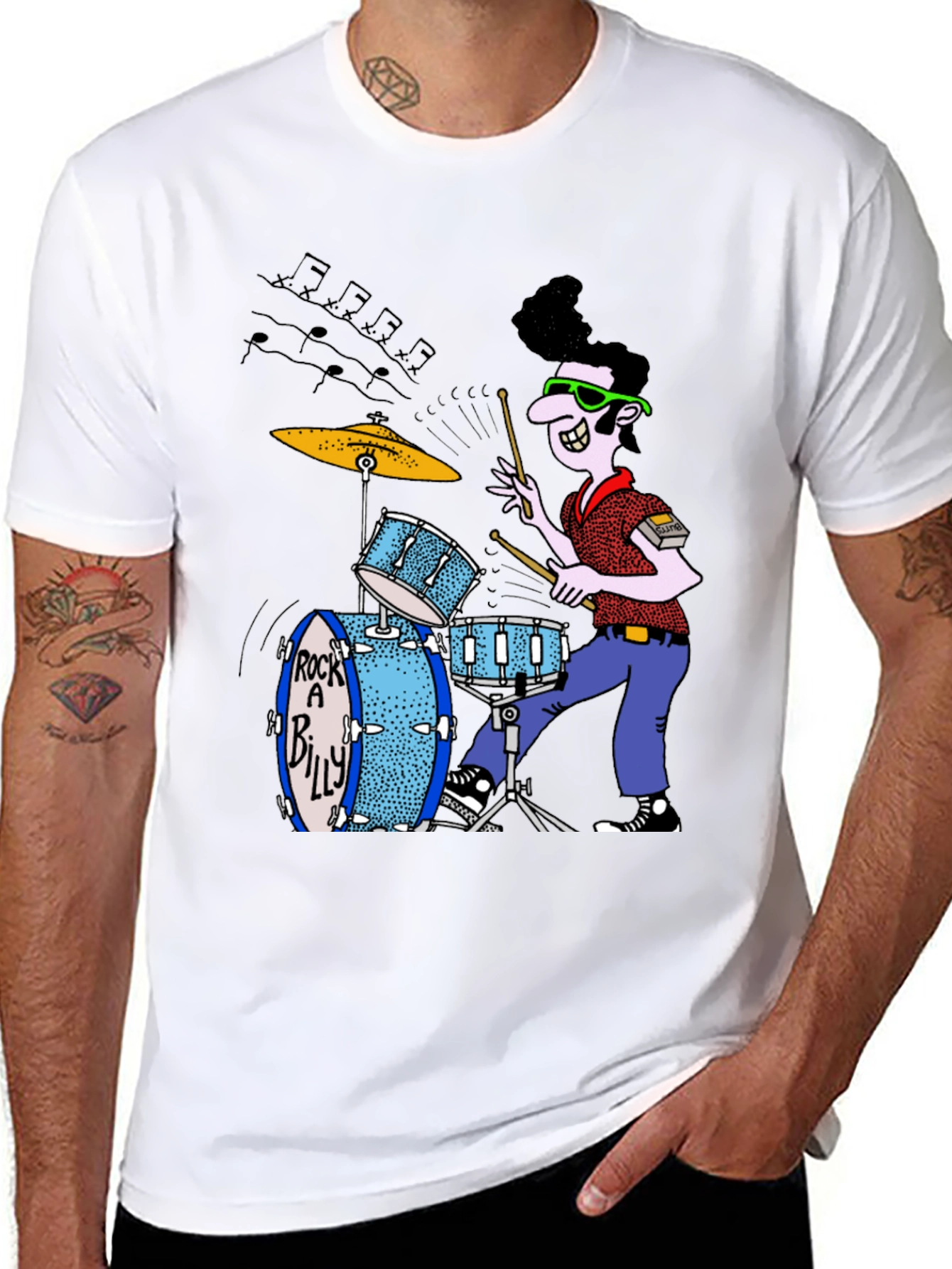 Rockabilly Drummer Graphic Tee - Black Cotton T-Shirt