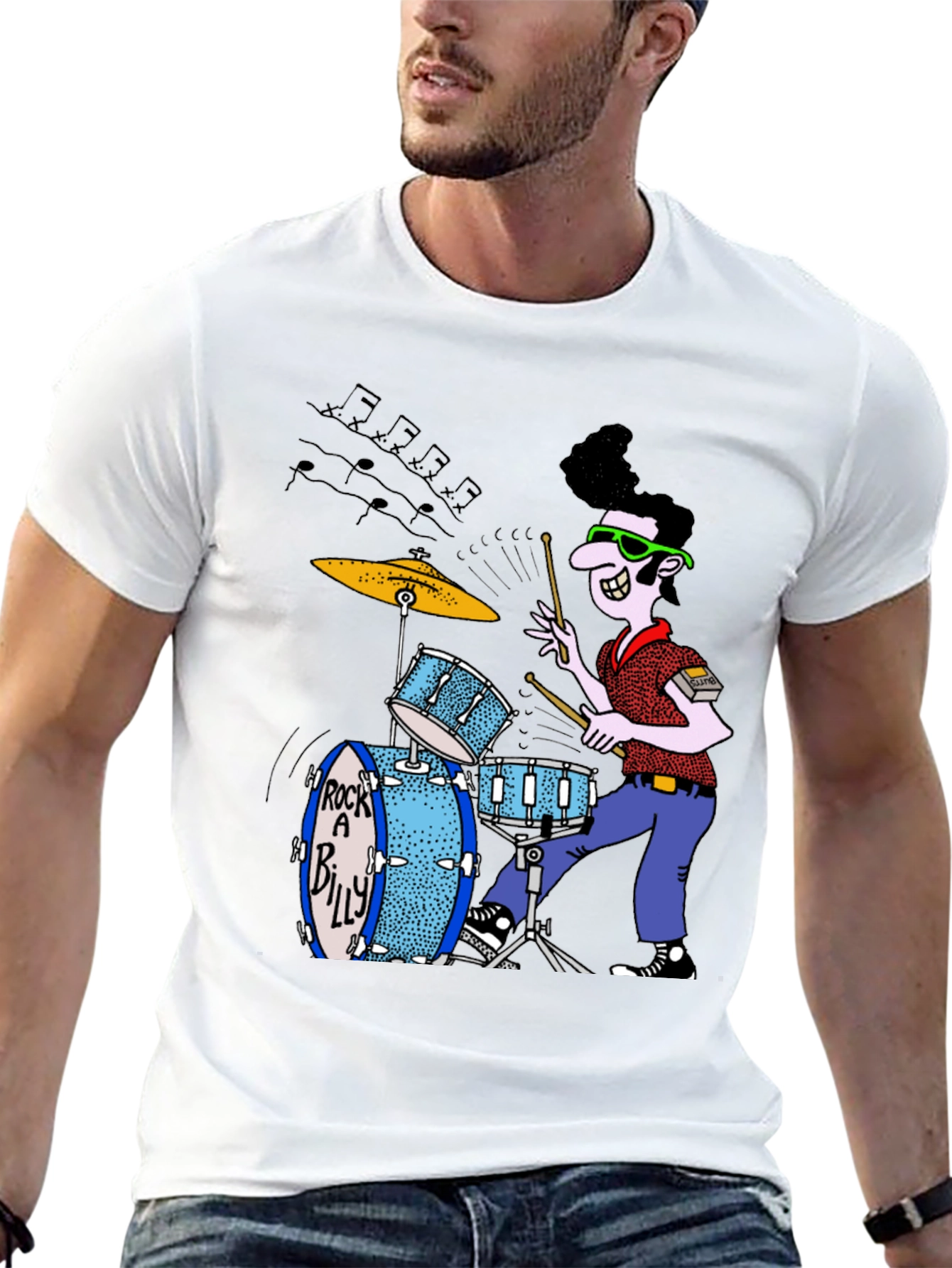 Rockabilly Drummer Graphic Tee - Black Cotton T-Shirt