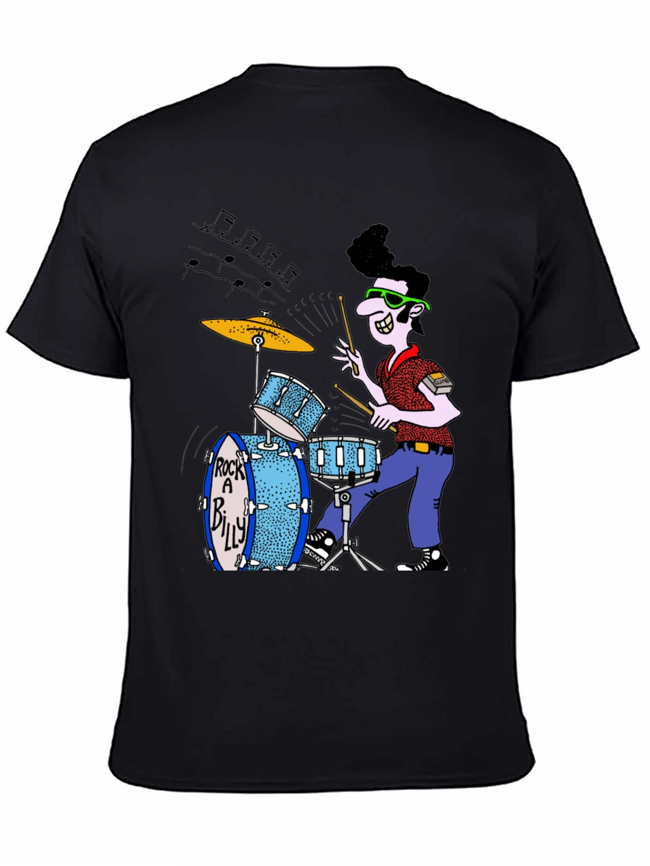 Rockabilly Drummer Graphic Tee - Black Cotton T-Shirt