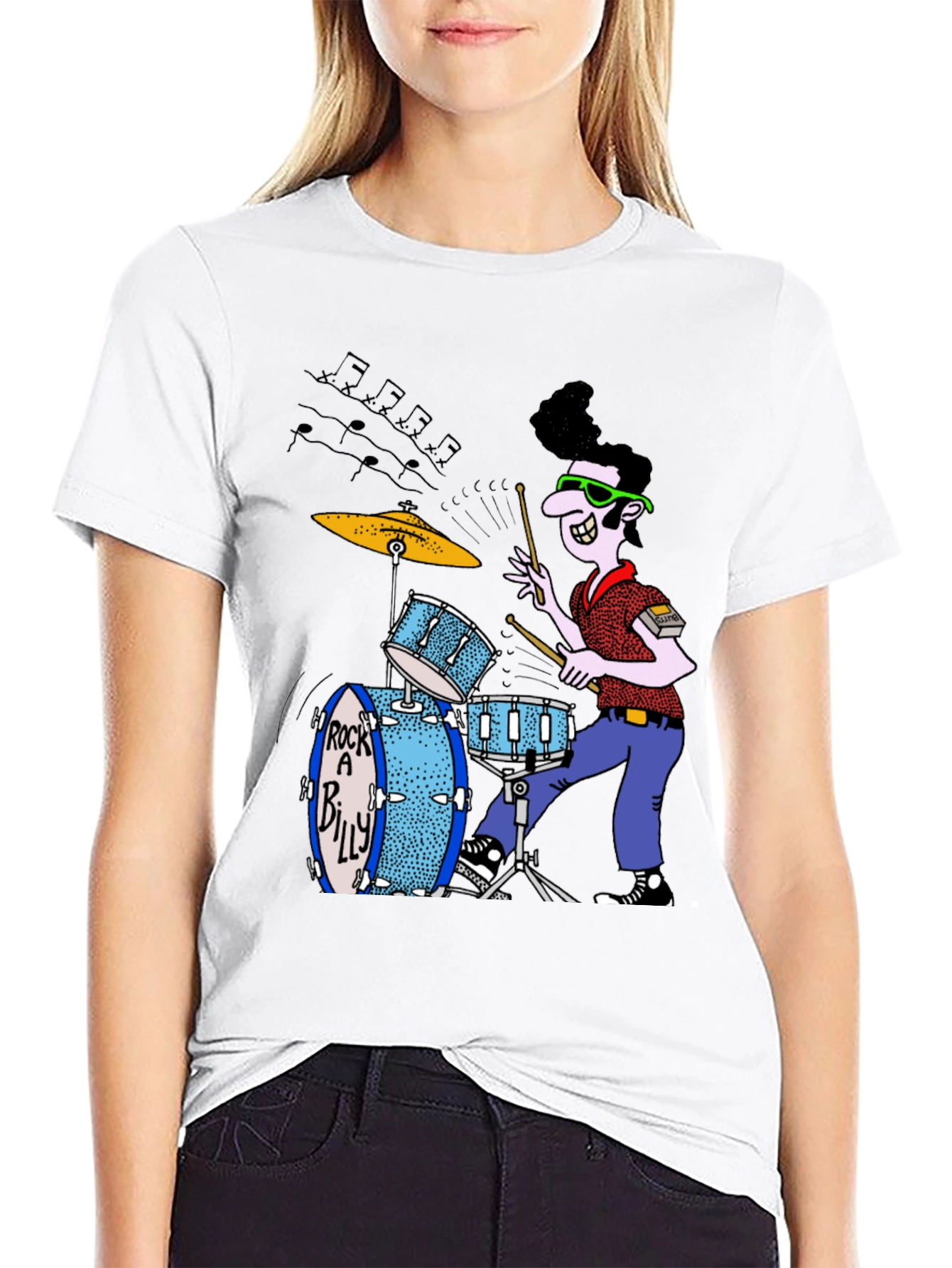 Rockabilly Drummer Graphic Tee - Black Cotton T-Shirt