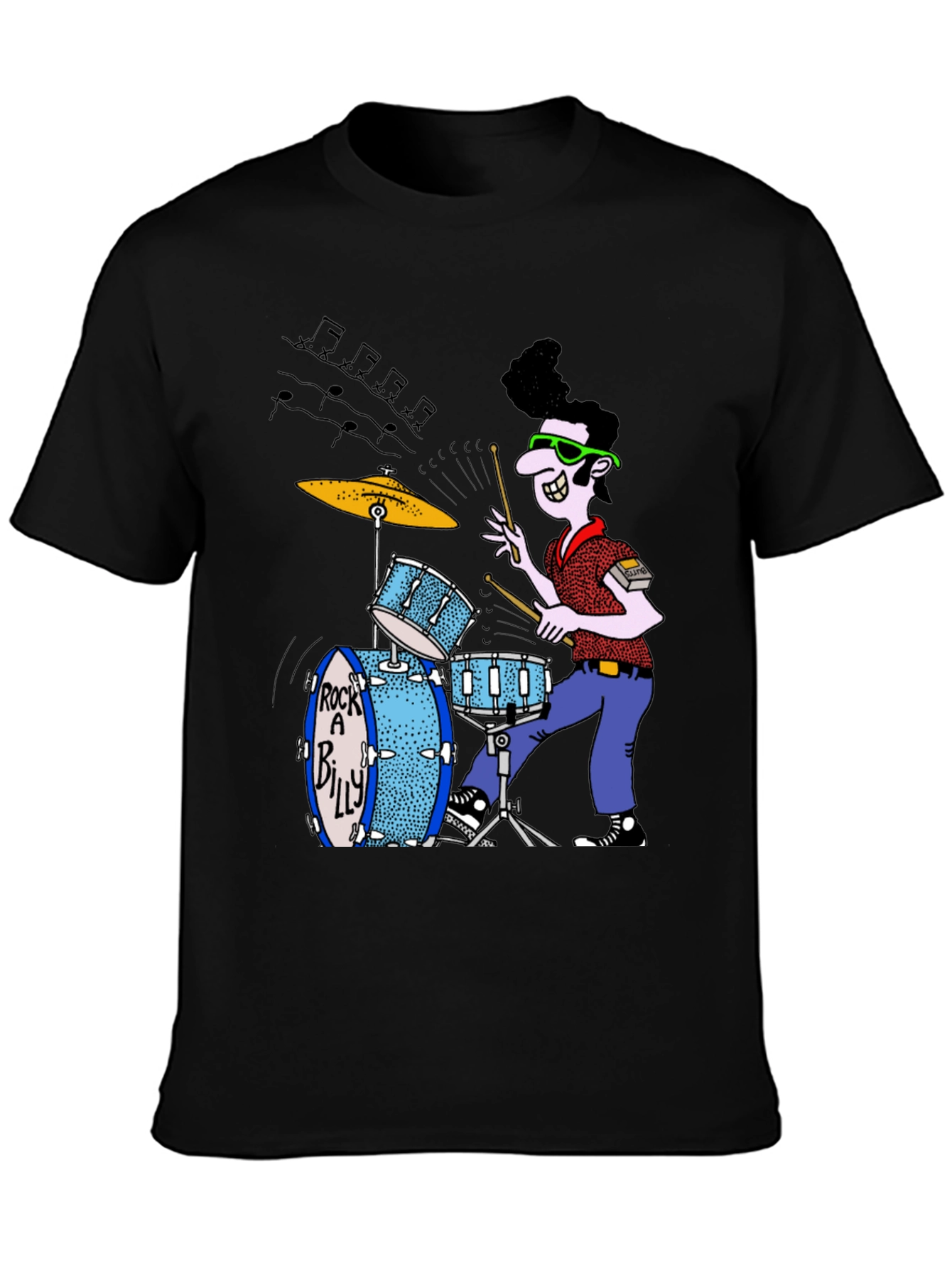 Rockabilly Drummer Graphic Tee - Black Cotton T-Shirt