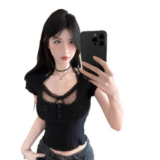 Elegant V-neck Lace Splicing Short Sleeve T-shirt Fake Two-piece Fitted Top