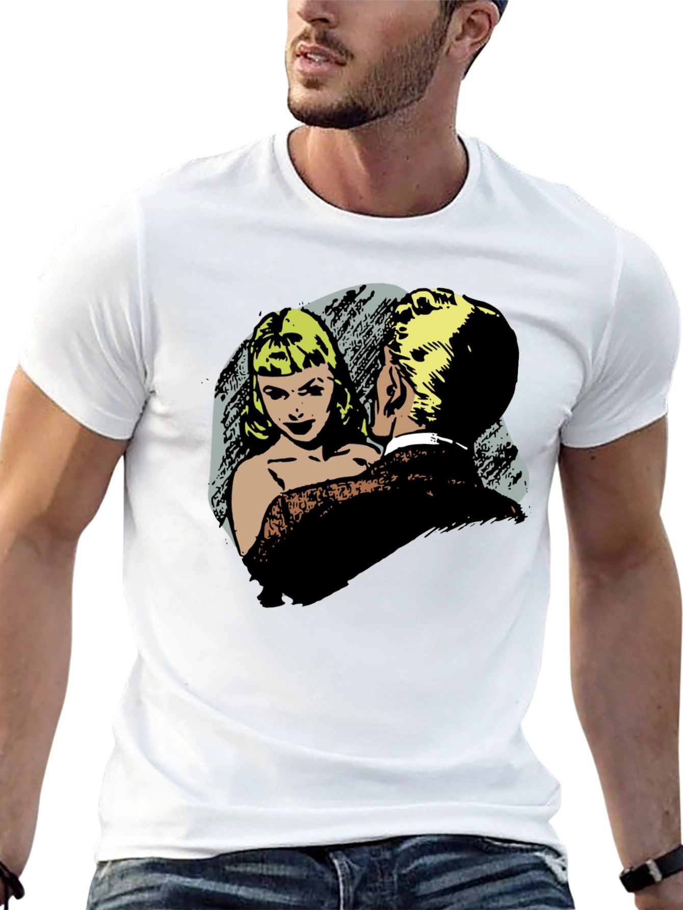 Retro Comic Couple Graphic T-Shirt - Black