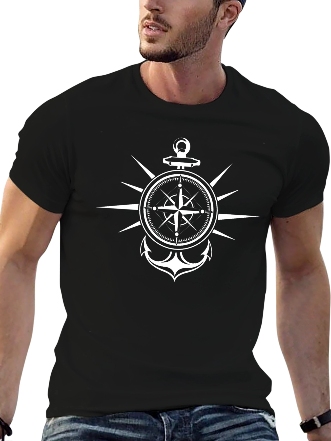 Nautical Compass & Anchor Graphic Black T-Shirt
