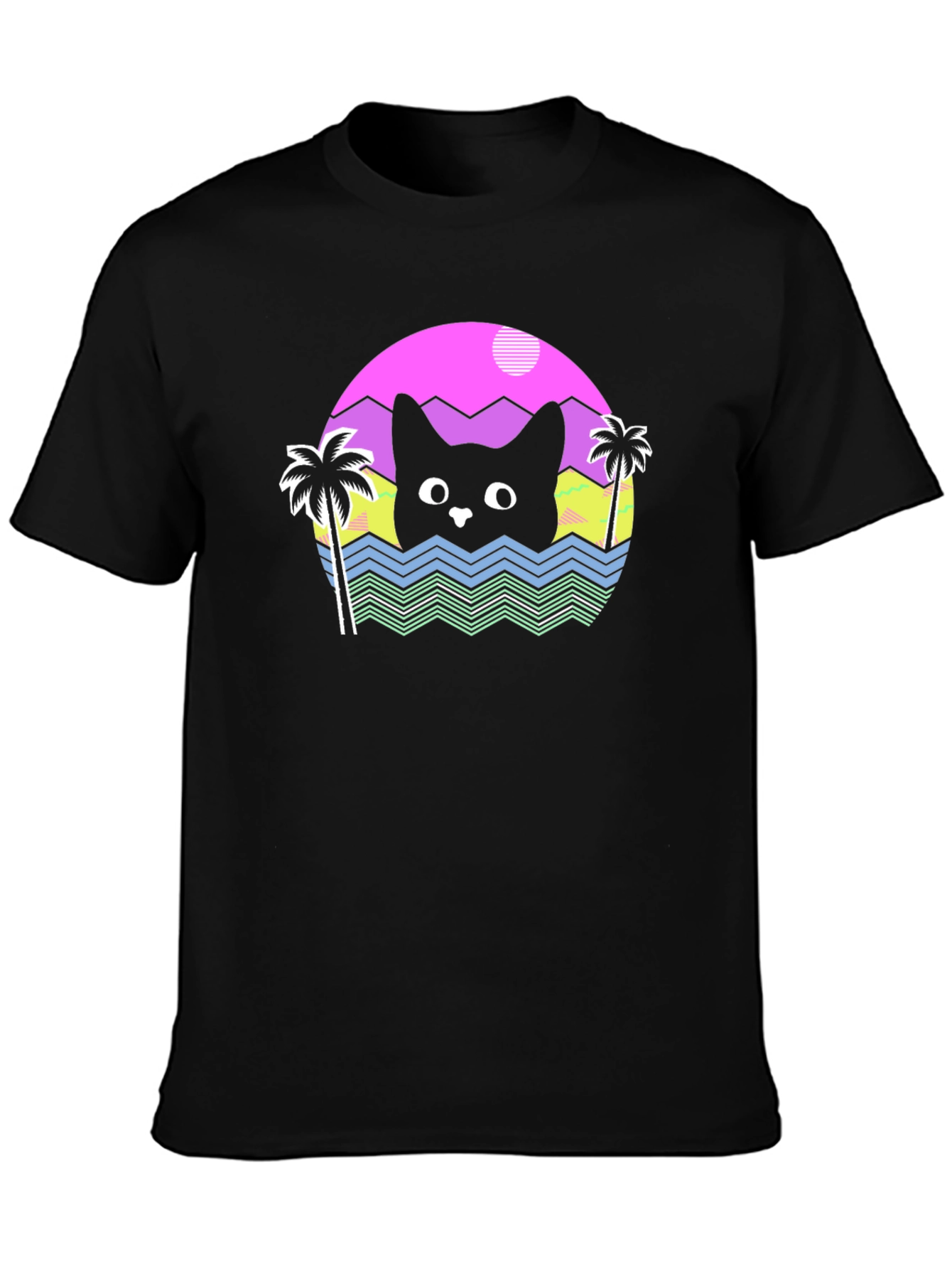 Retro Cat Waves Black T-Shirt