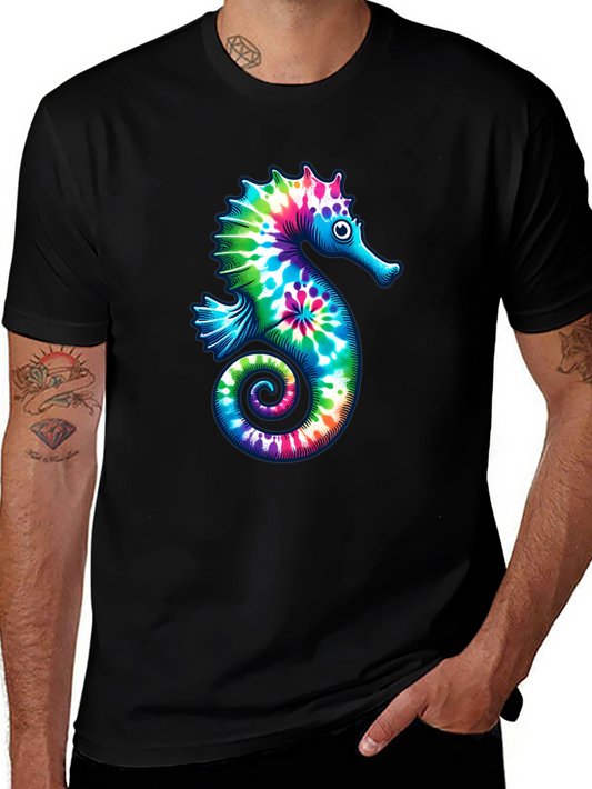 Tie Dye Seahorse Graphic Tee - Black Cotton T-Shirt