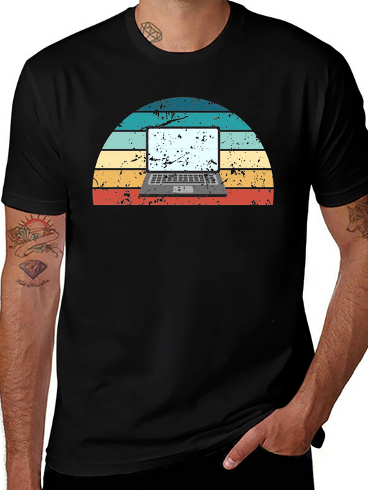 Retro Laptop Sunset Graphic Tee - Black