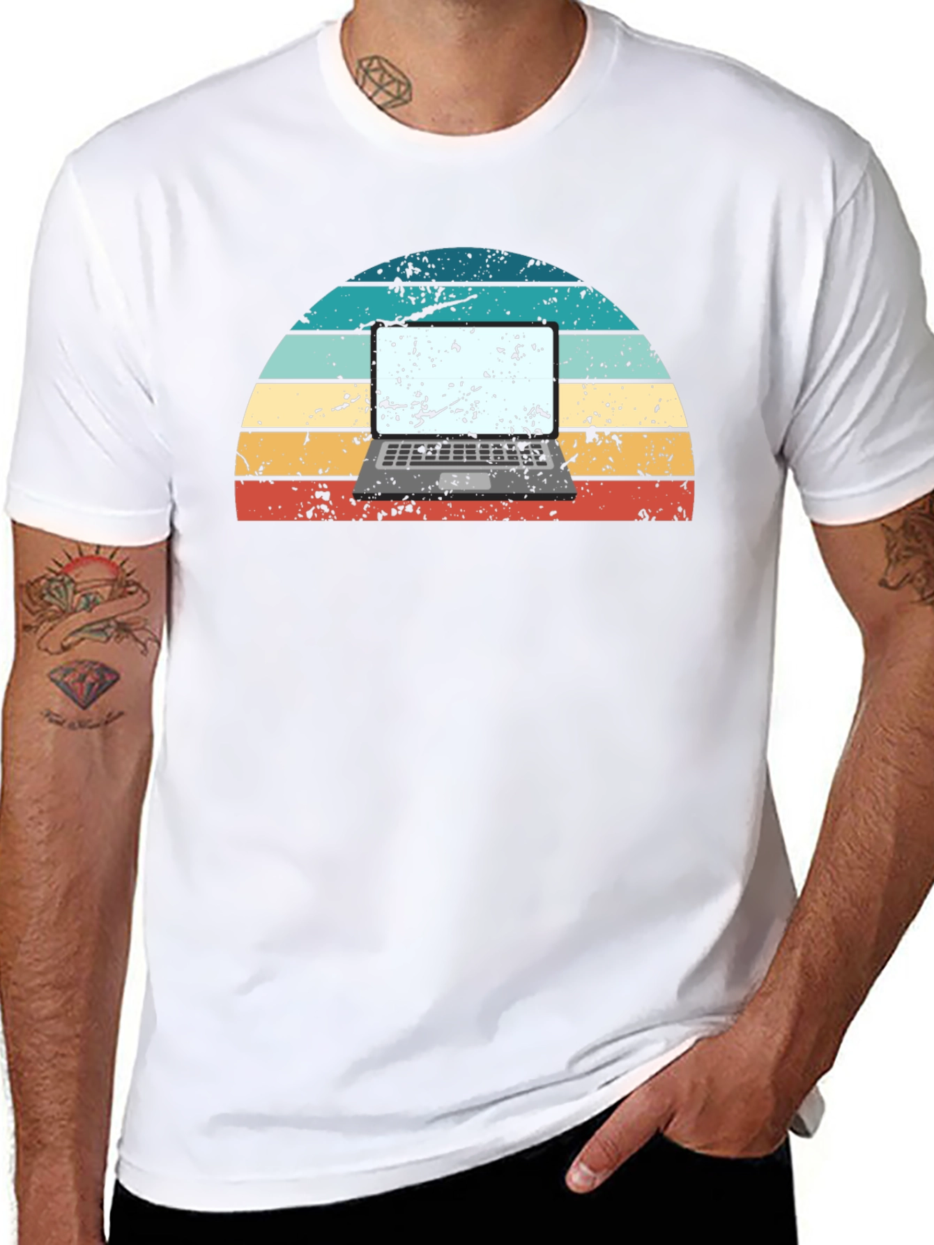 Retro Laptop Sunset Graphic Tee - Black