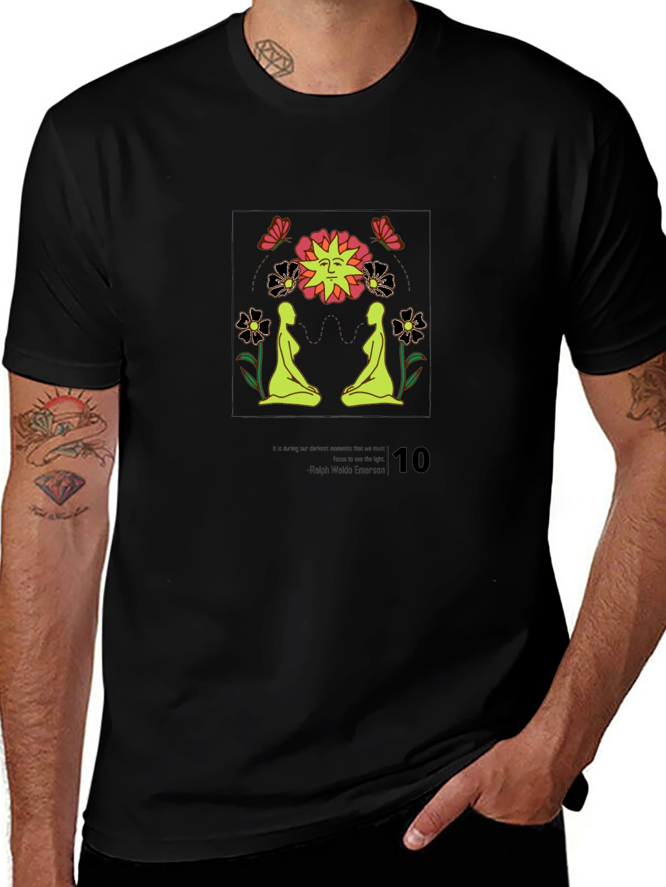 Psychedelic Sun & Yoga Pose Black T-Shirt