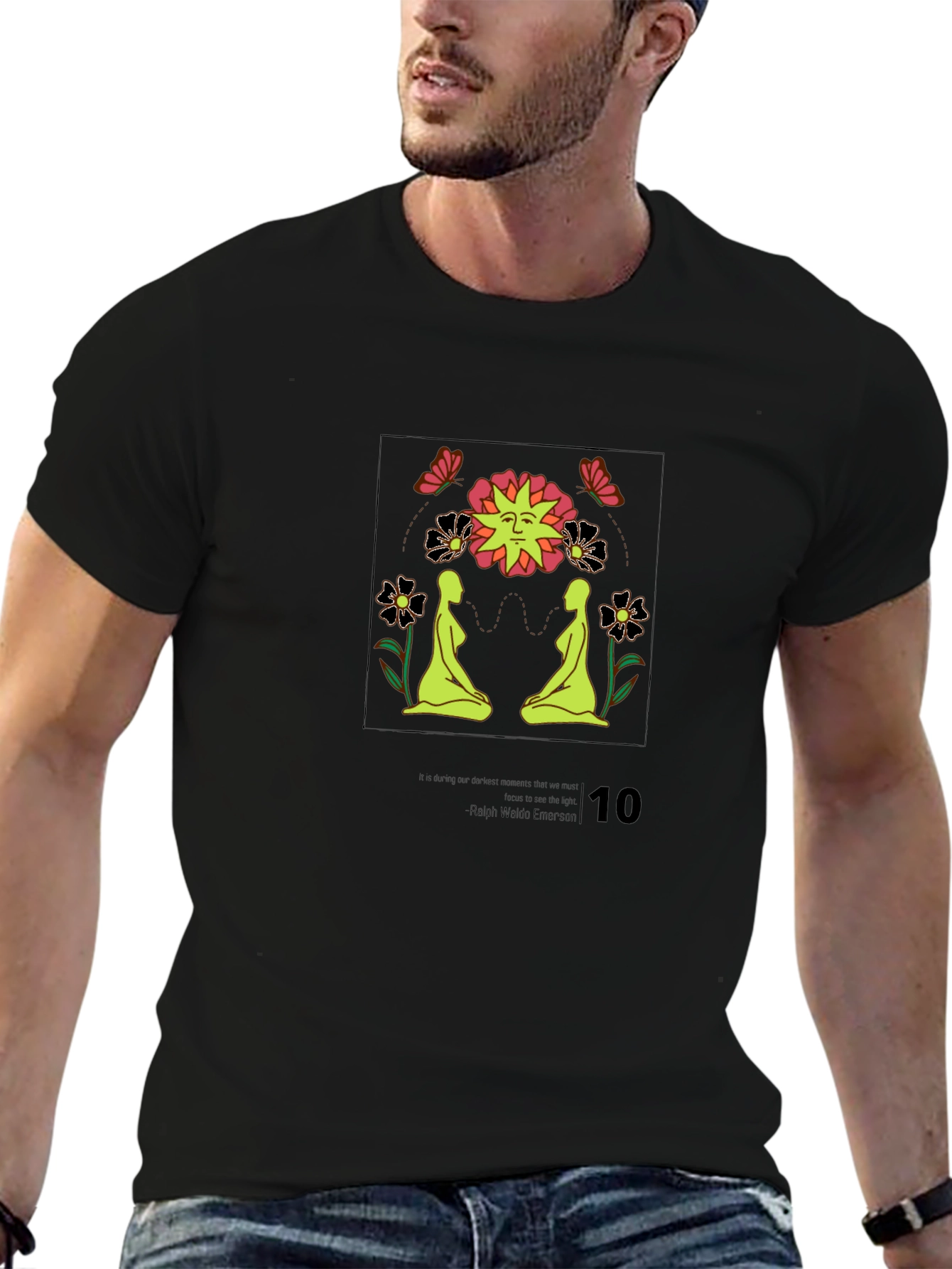 Psychedelic Sun & Yoga Pose Black T-Shirt
