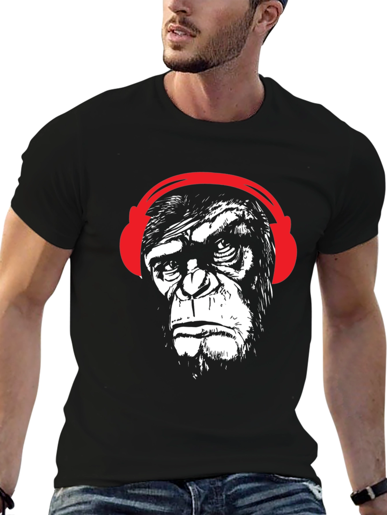 Cool Ape with Headphones Graphic Tee - Black