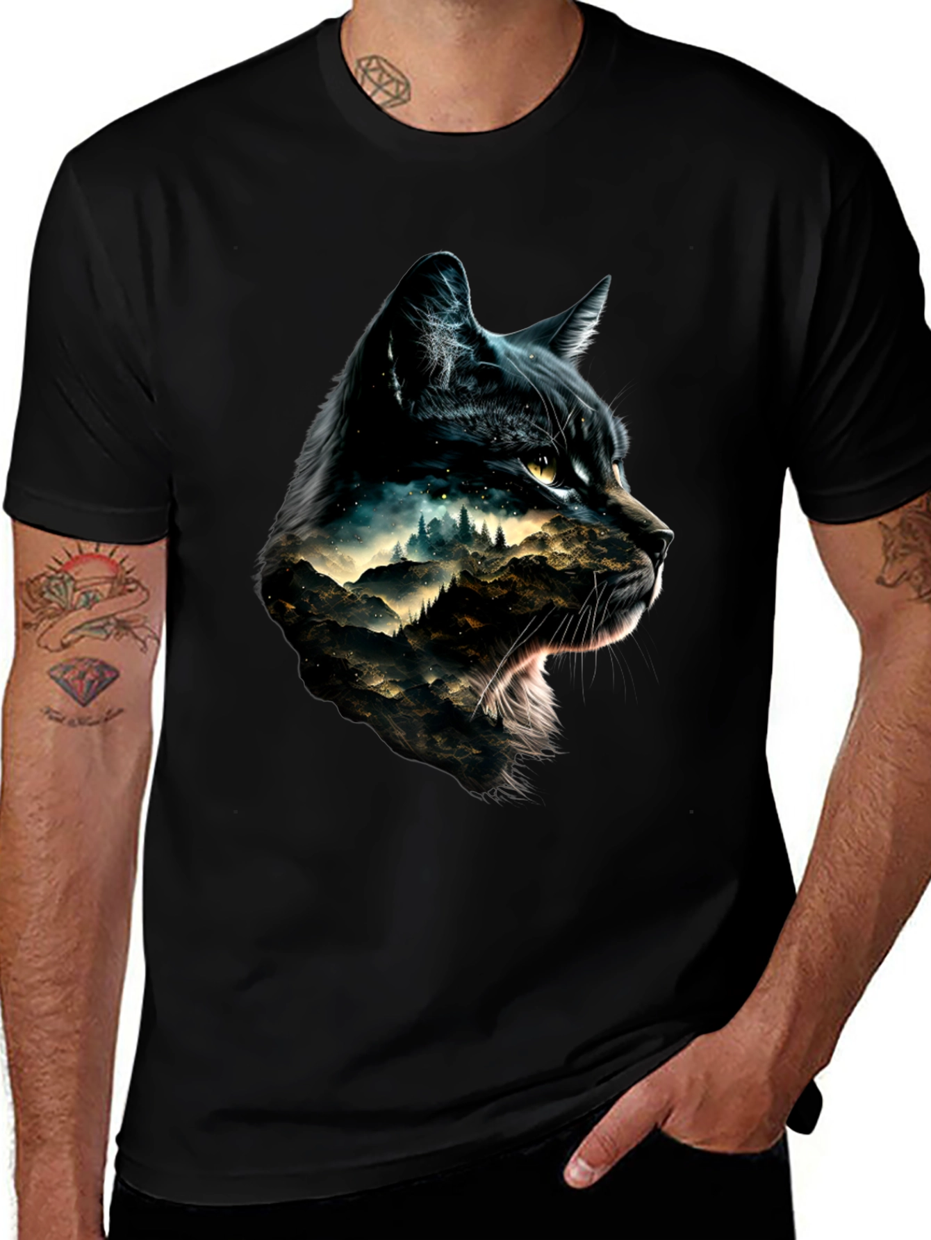 Black Cat Mountain Scene Graphic Tee