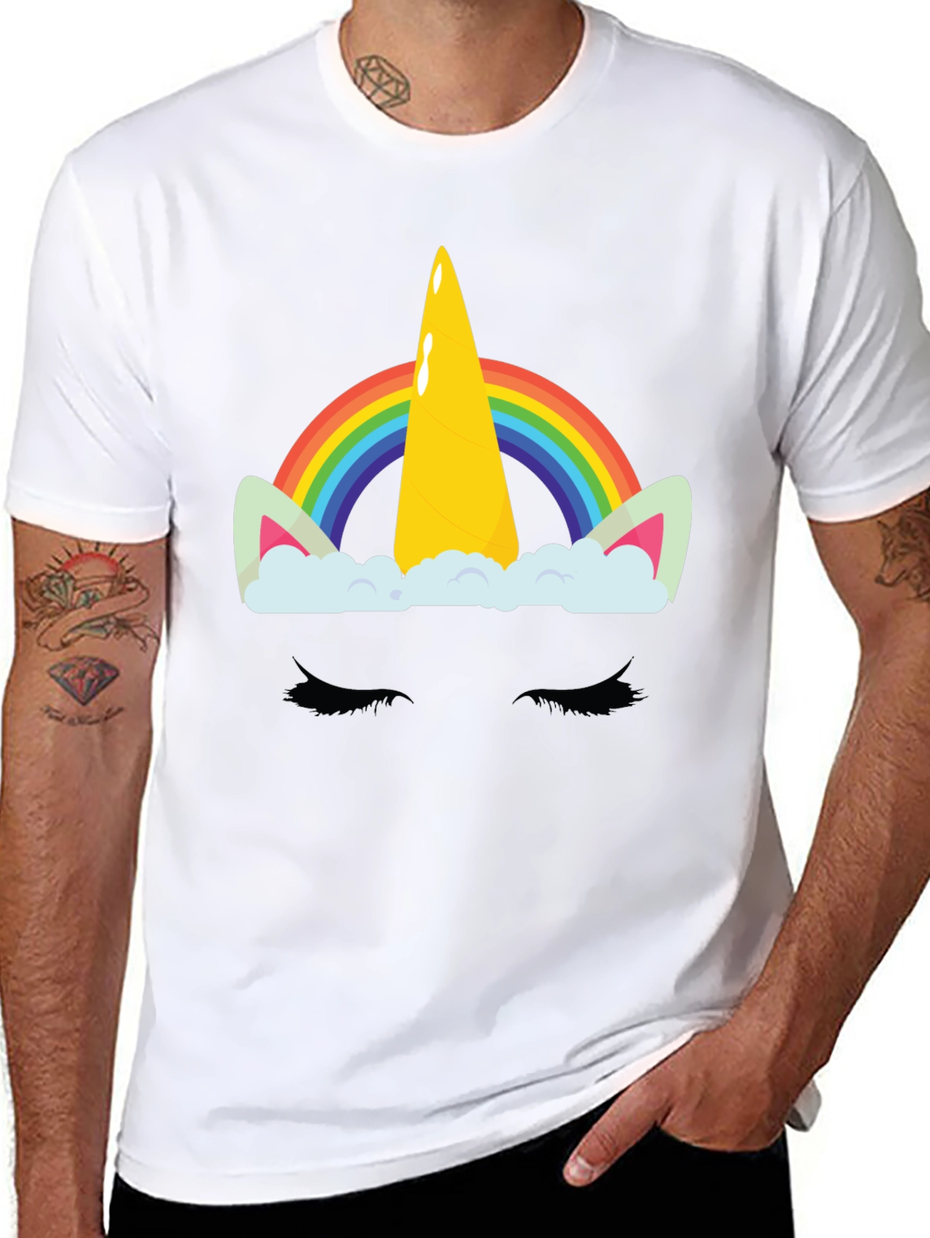 Rainbow Unicorn Graphic Print Black T-Shirt
