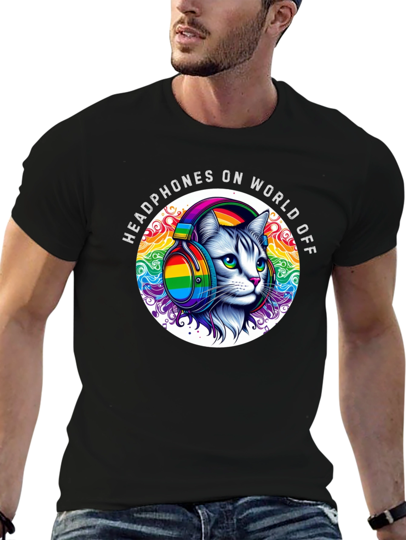 Headphones On World Off Cat T-Shirt