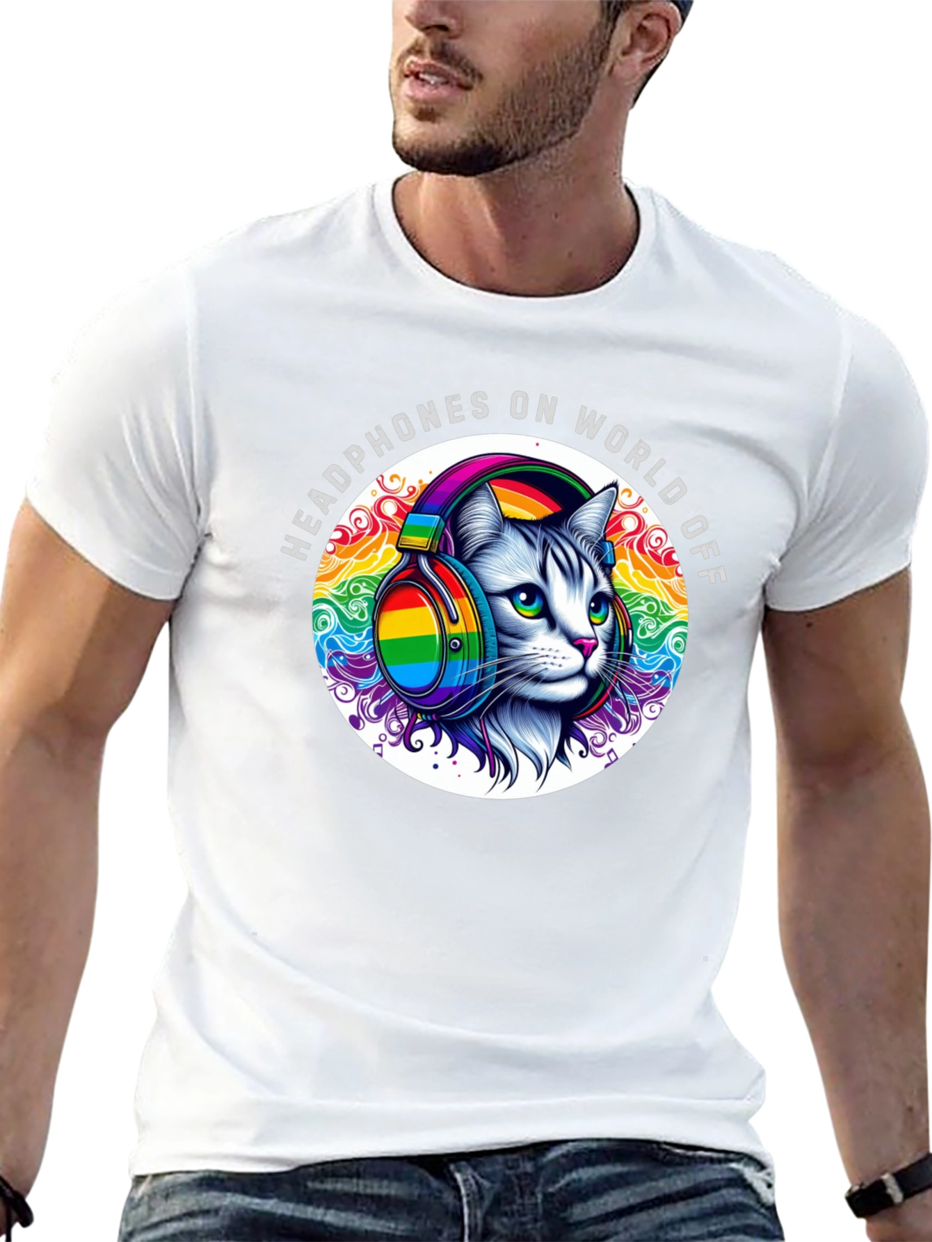Headphones On World Off Cat T-Shirt