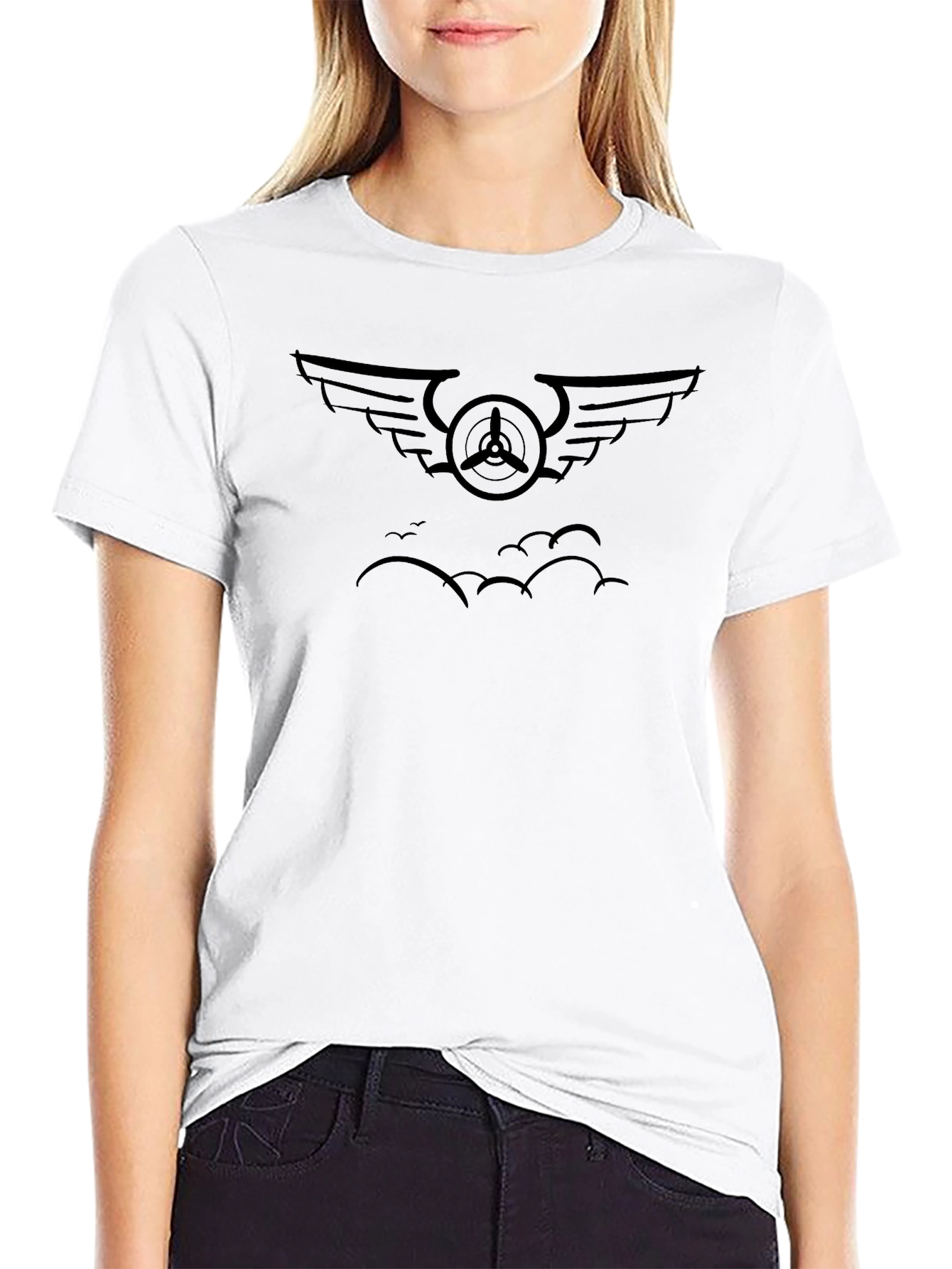 Black Aviation T-Shirt - Winged Propeller Graphic
