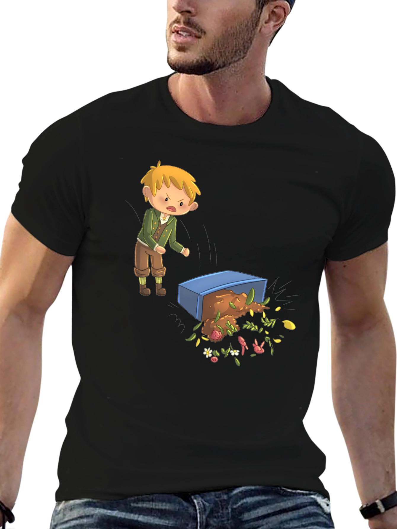 Cartoon T-Shirt - Upset Boy Flipping Flower Box