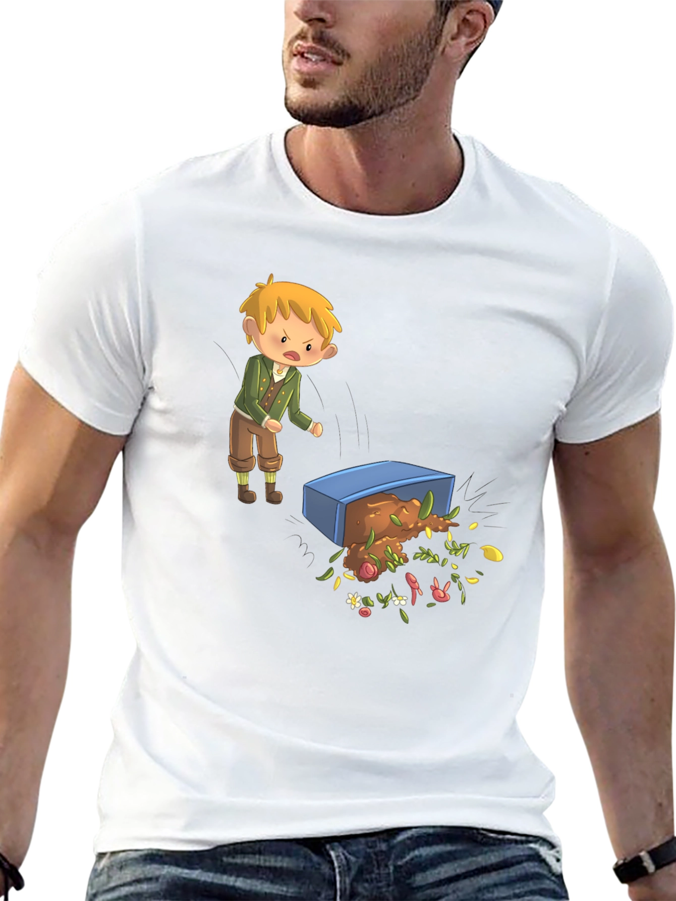 Cartoon T-Shirt - Upset Boy Flipping Flower Box