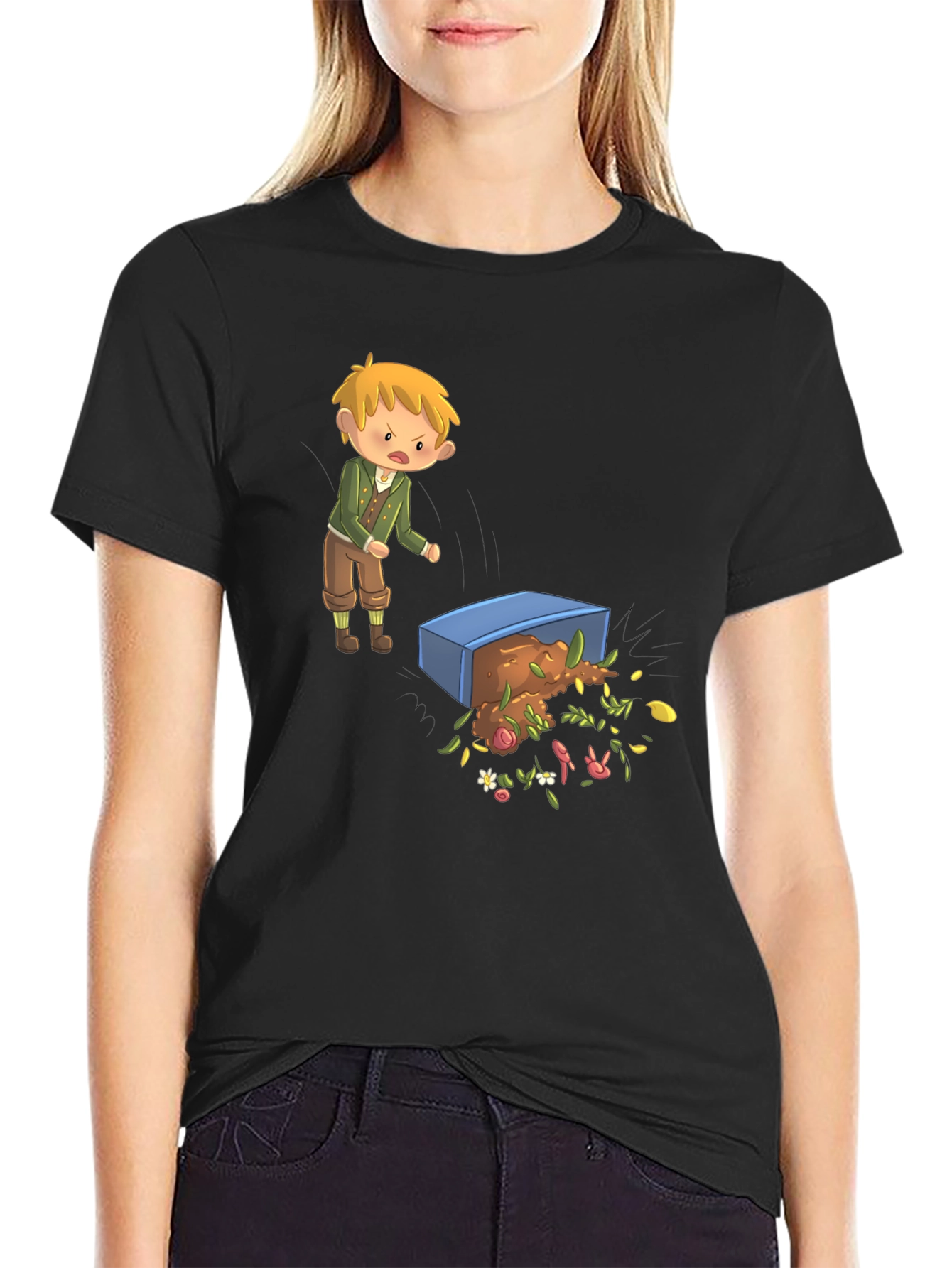 Cartoon T-Shirt - Upset Boy Flipping Flower Box
