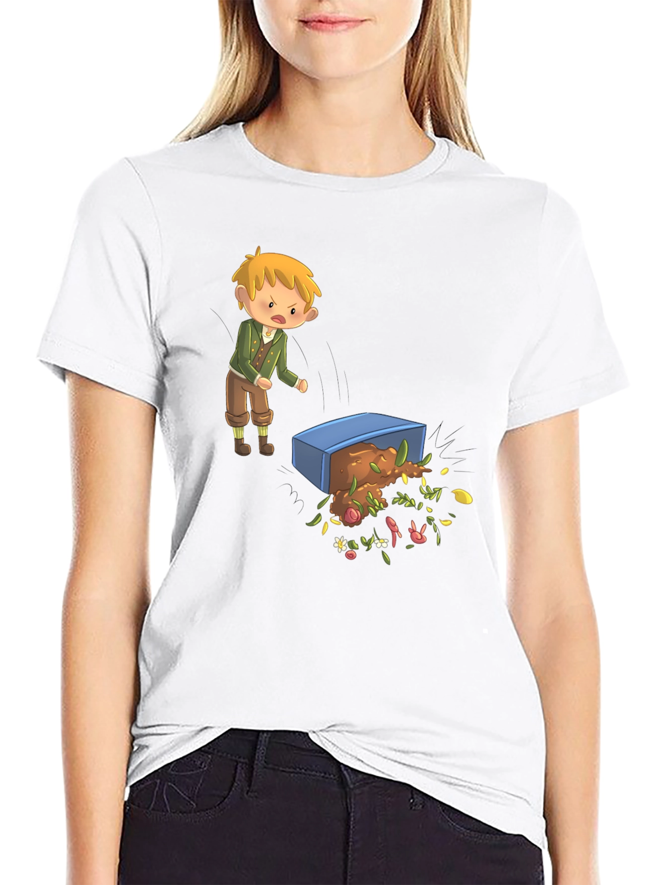 Cartoon T-Shirt - Upset Boy Flipping Flower Box