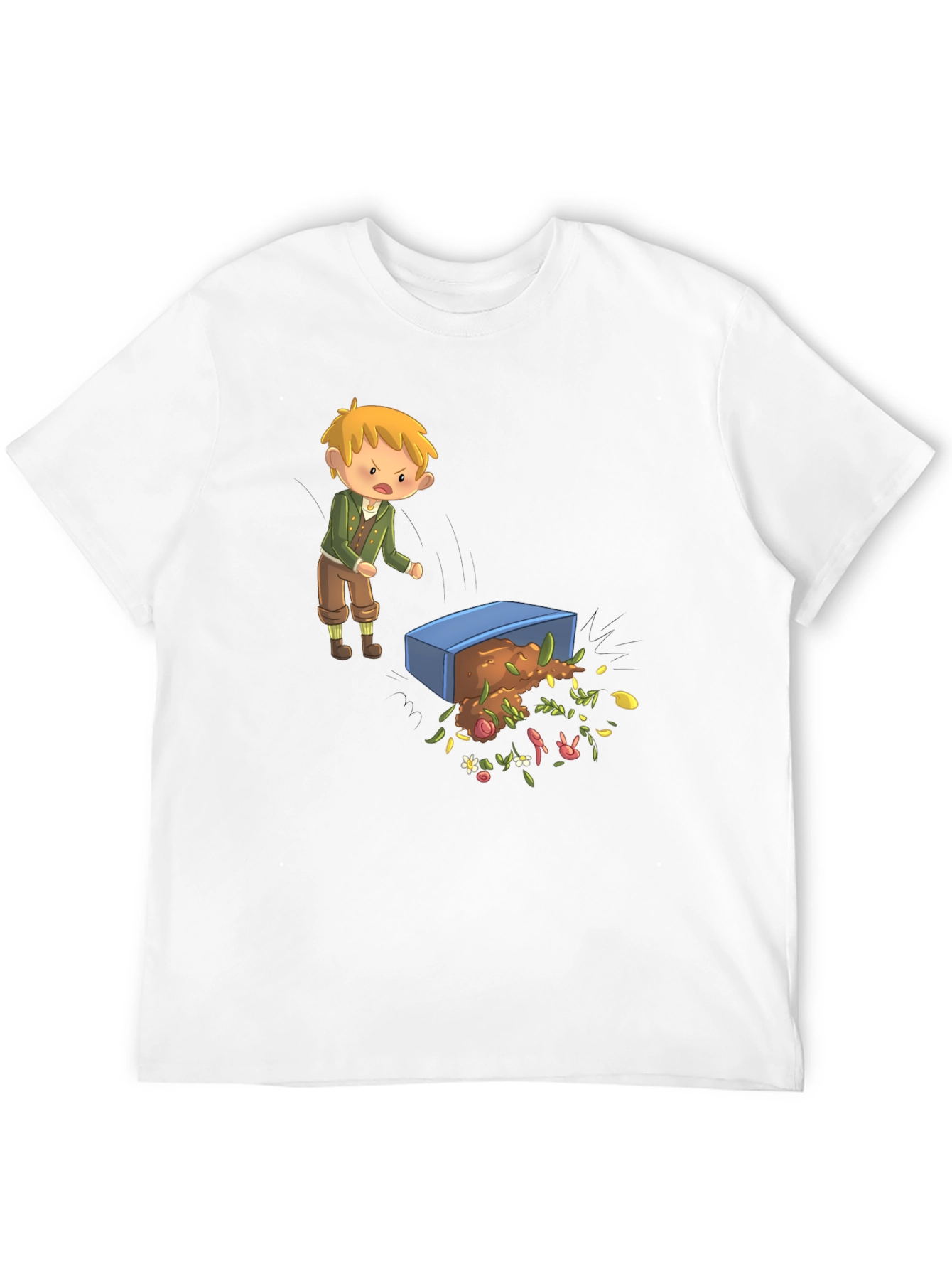 Cartoon T-Shirt - Upset Boy Flipping Flower Box