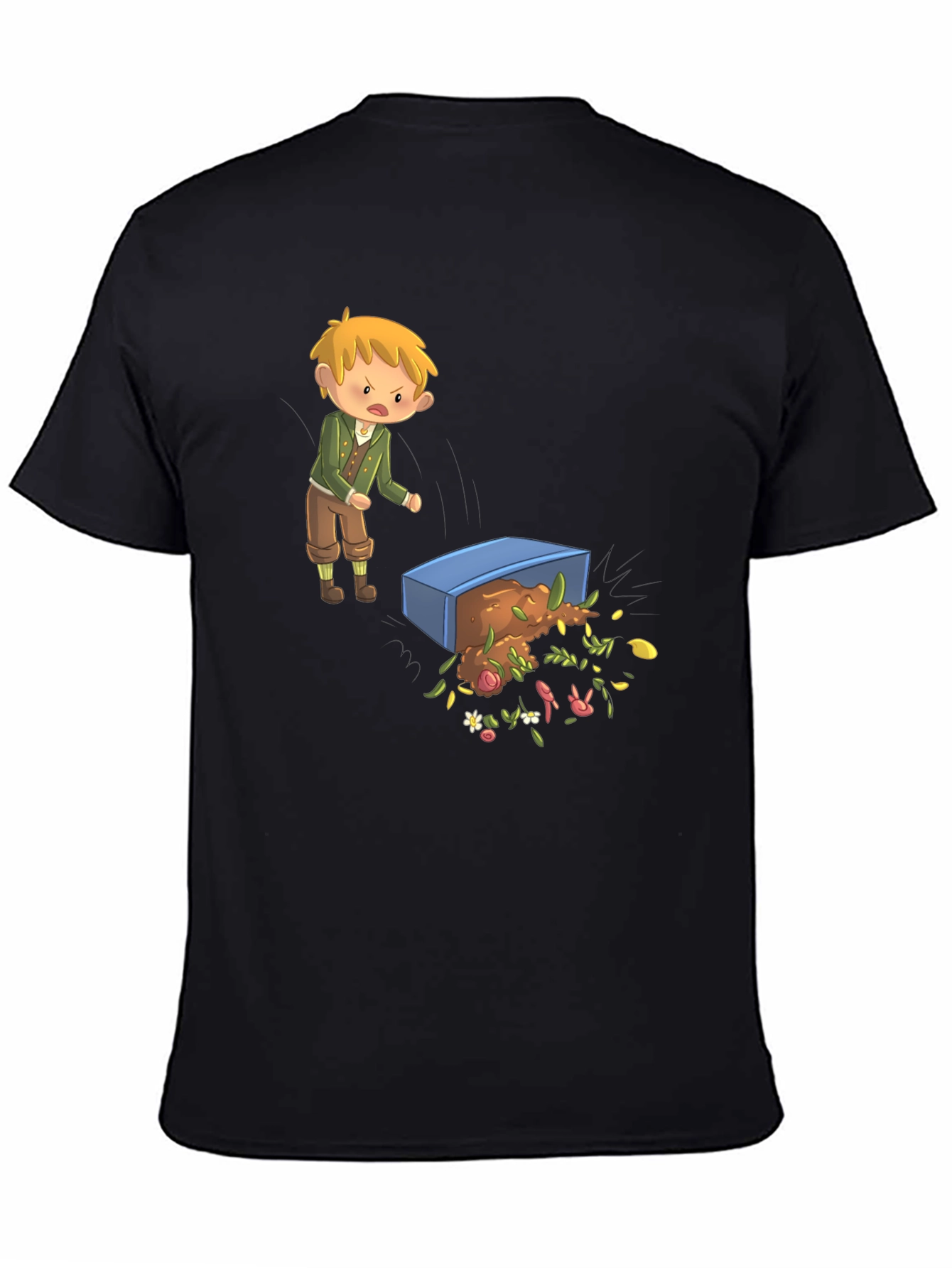 Cartoon T-Shirt - Upset Boy Flipping Flower Box