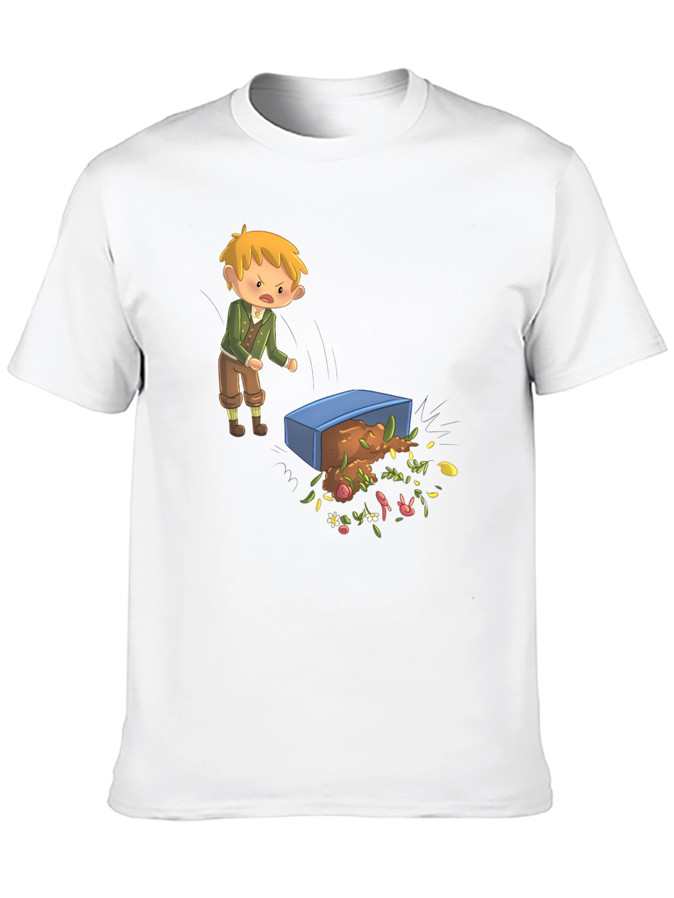 Cartoon T-Shirt - Upset Boy Flipping Flower Box