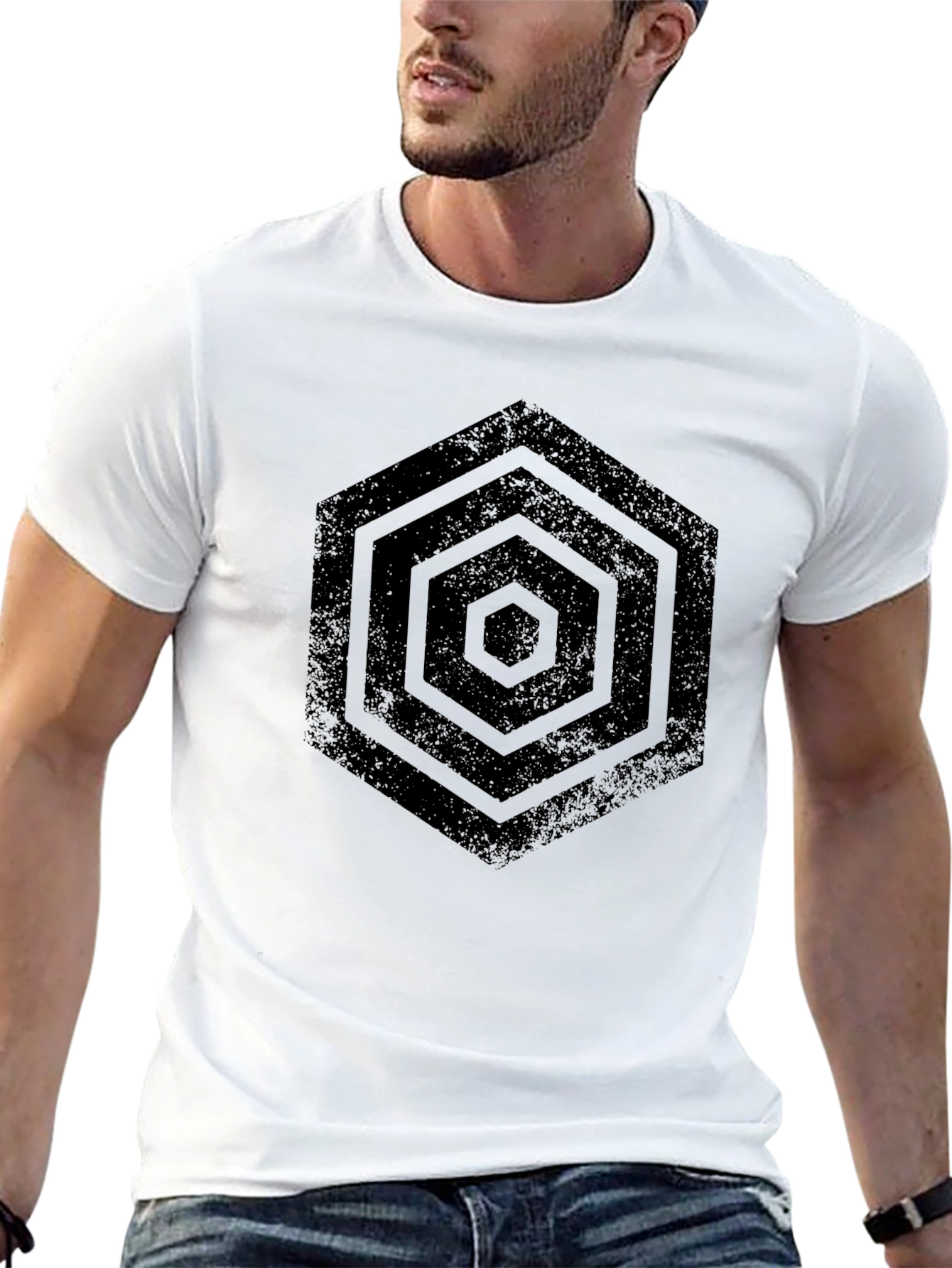 Geometric Hexagon Graphic Black T-Shirt