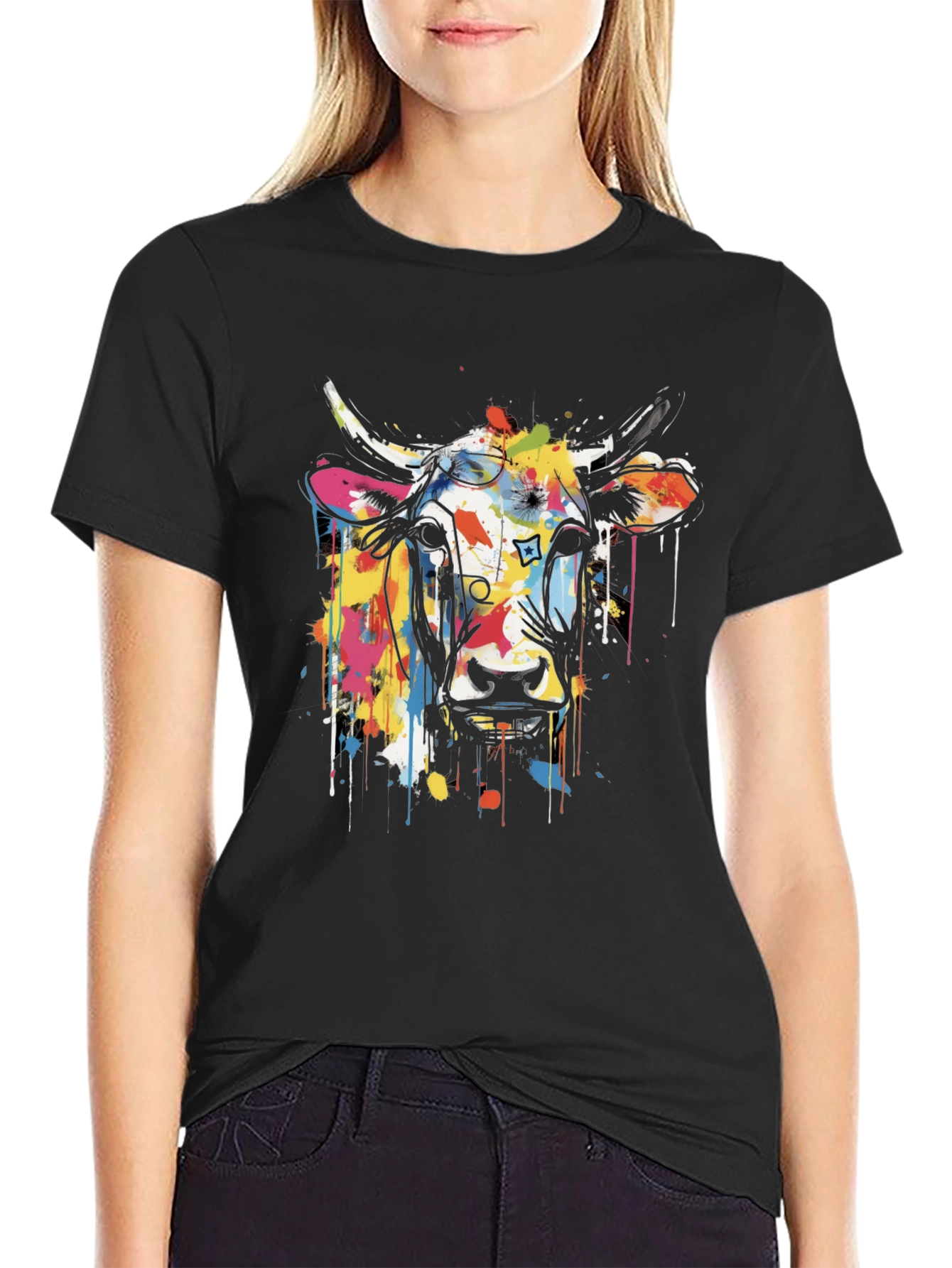 Cow Art Graphic Black T-Shirt