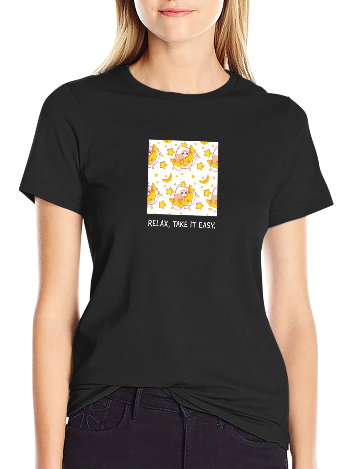 Relax Sloth Moon Black T-Shirt