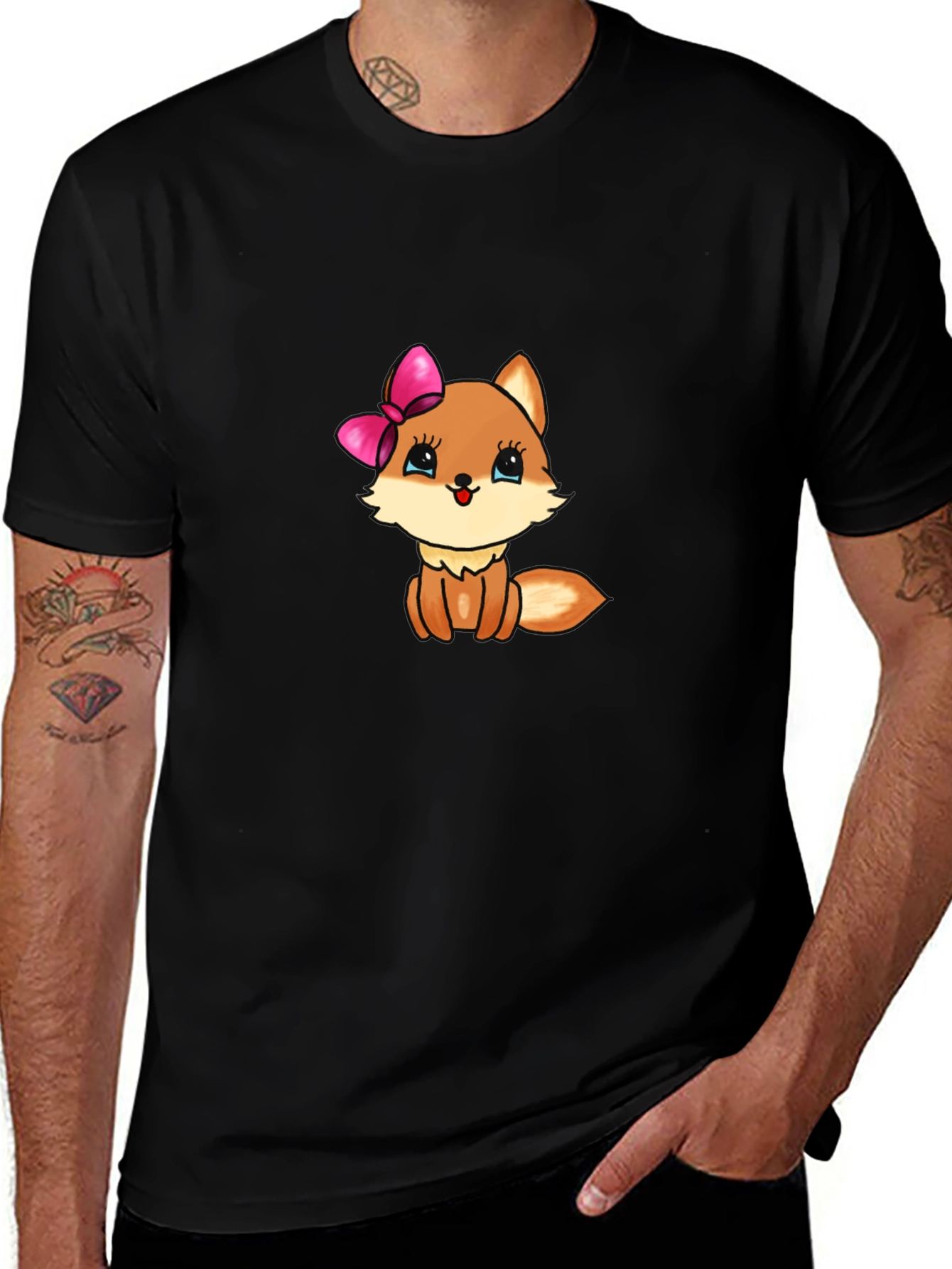 Cute Cartoon Fox Graphic Tee - Black T-Shirt
