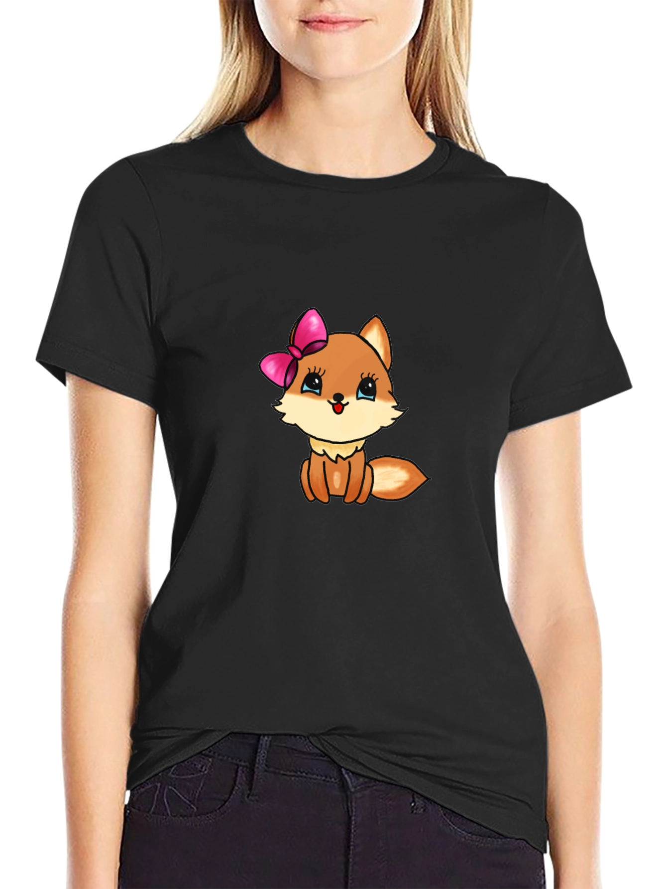 Cute Cartoon Fox Graphic Tee - Black T-Shirt