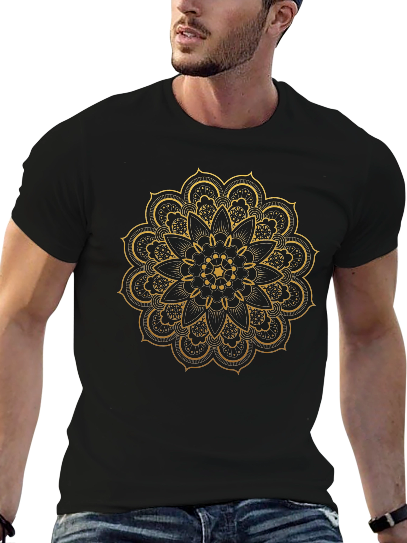 Black T-Shirt with Gold Mandala Design
