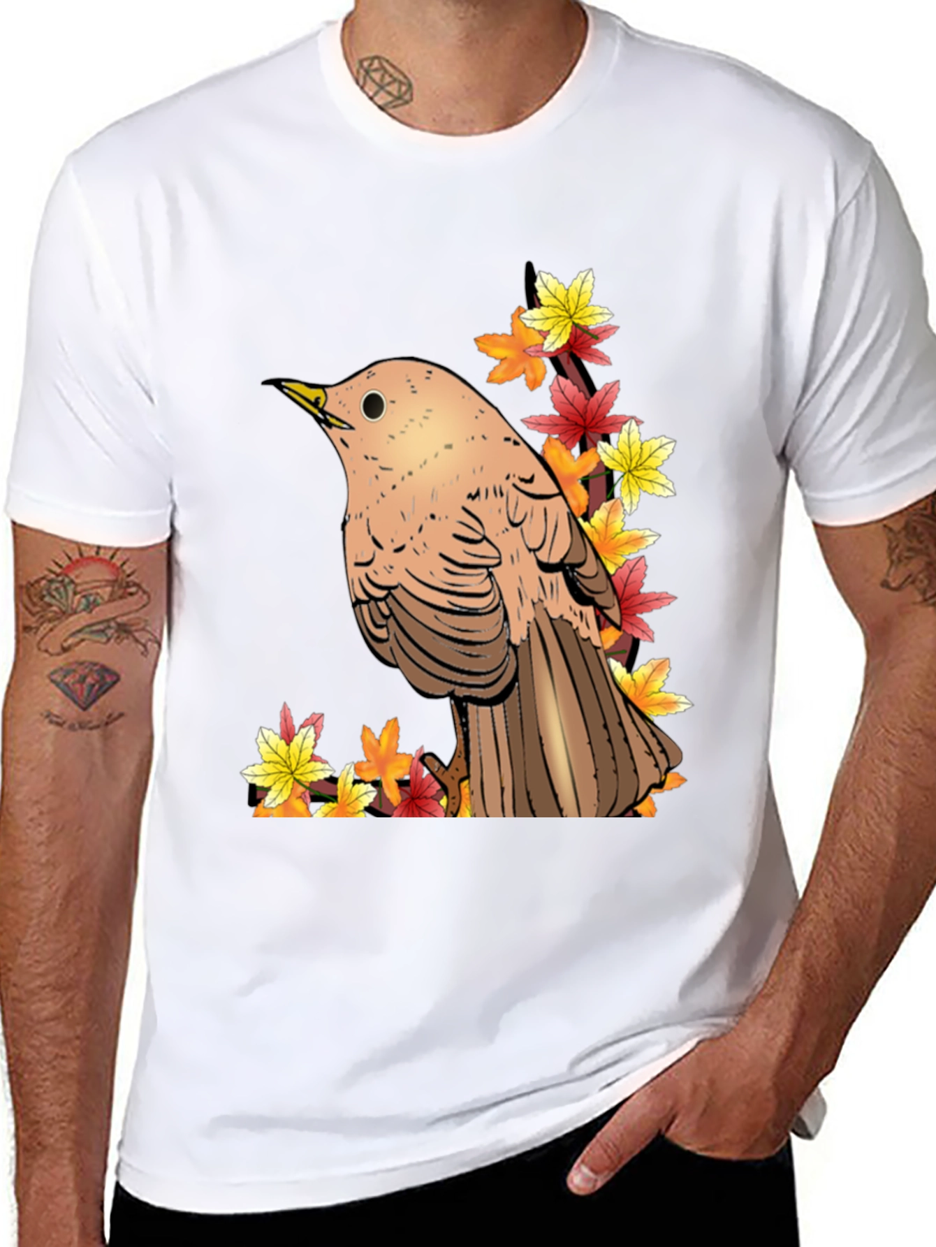 Autumn Bird Graphic Tee - Black Cotton T-Shirt