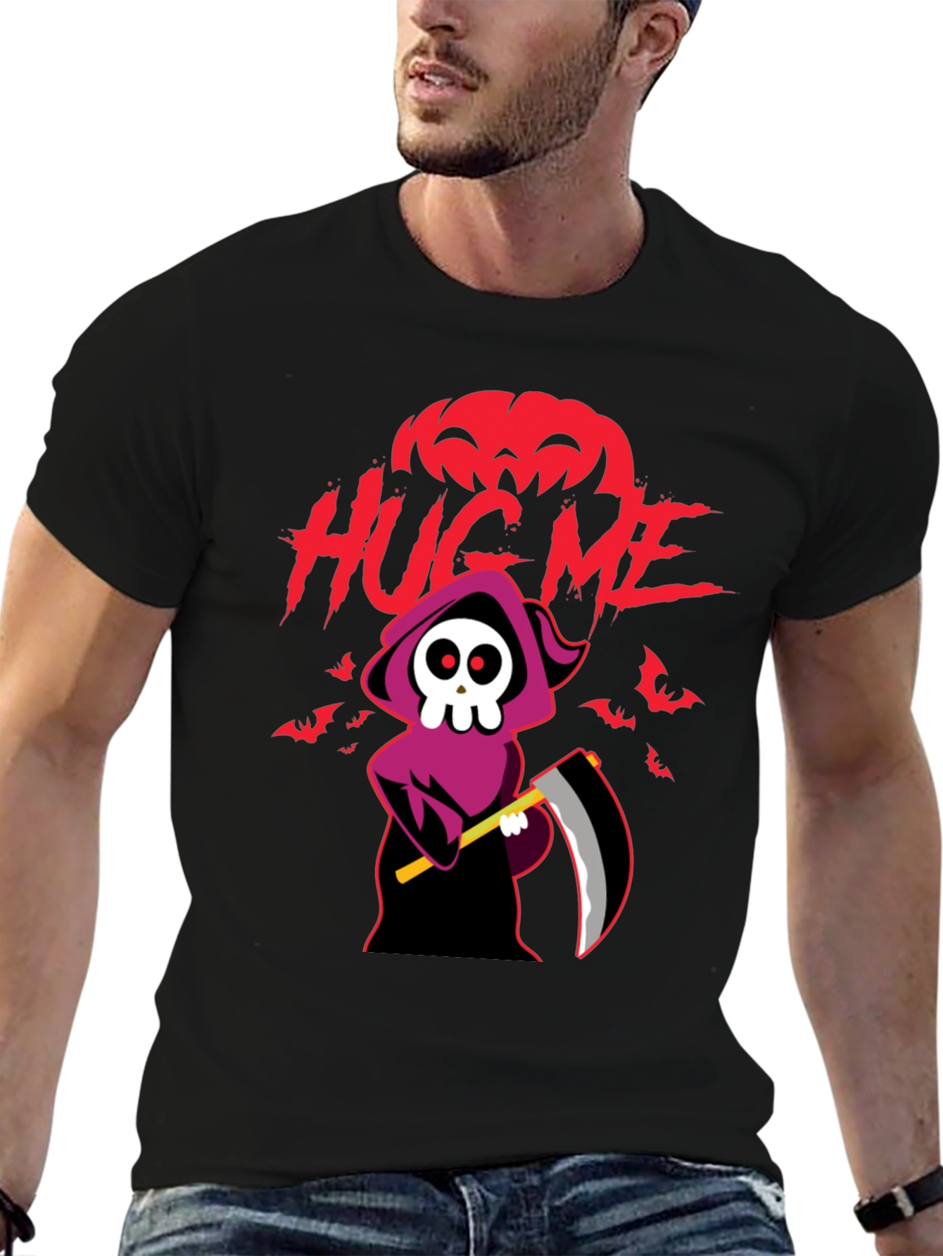 Halloween Grim Reaper Hug Me Black Graphic T-Shirt