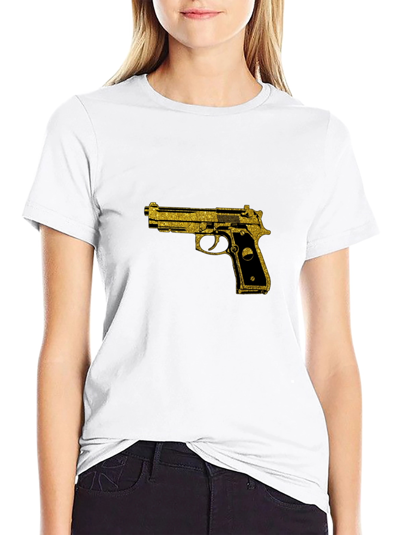 Black T-Shirt with Gold Gun Graphic