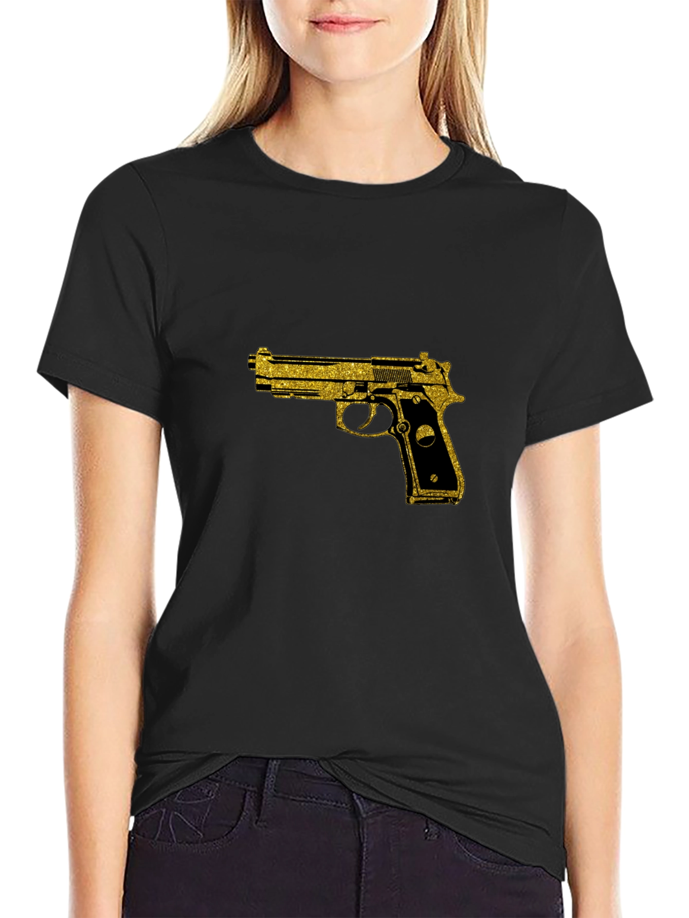 Black T-Shirt with Gold Gun Graphic