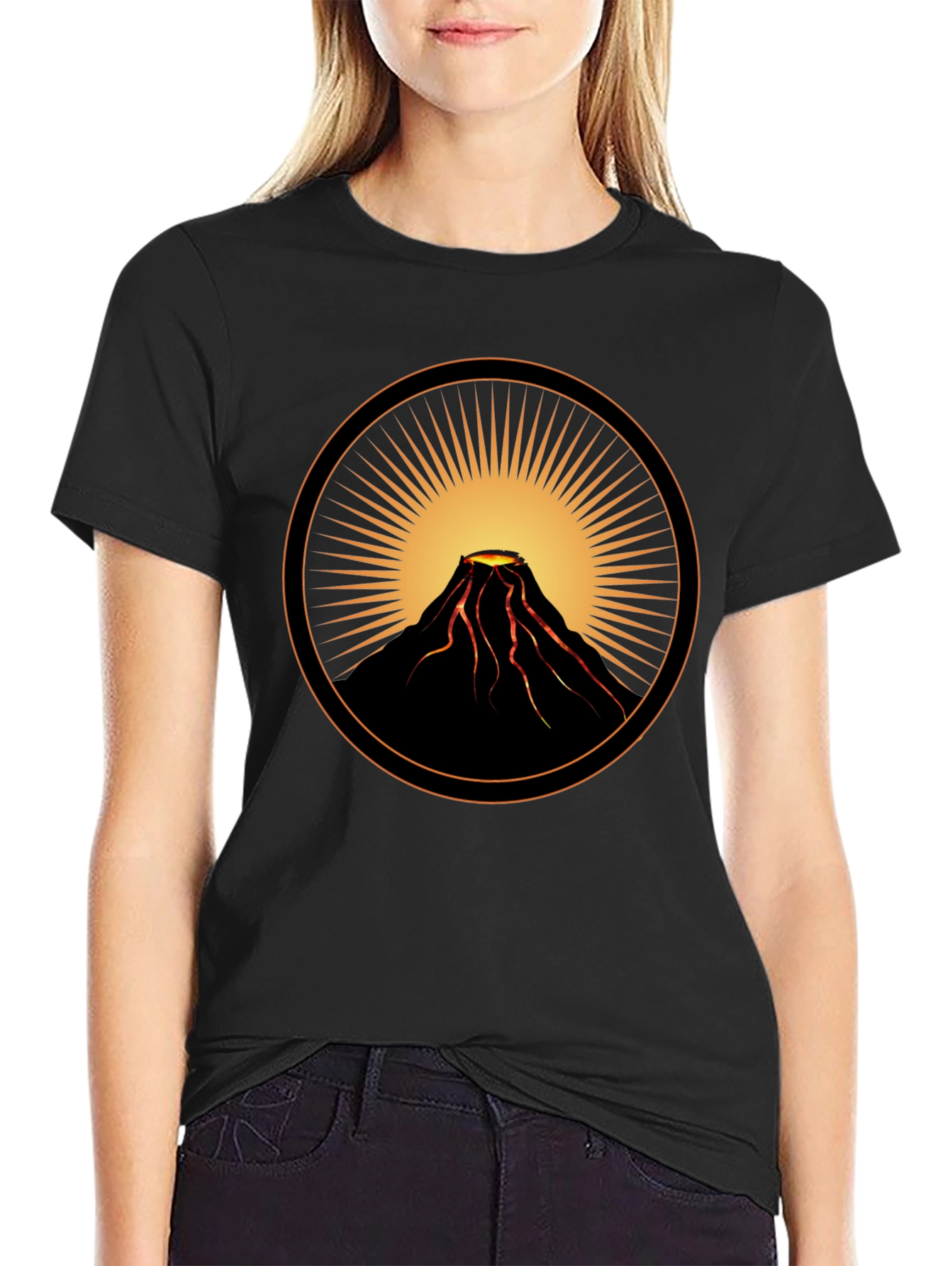 Volcano Sunburst Graphic Tee - Black Cotton Casual Shirt