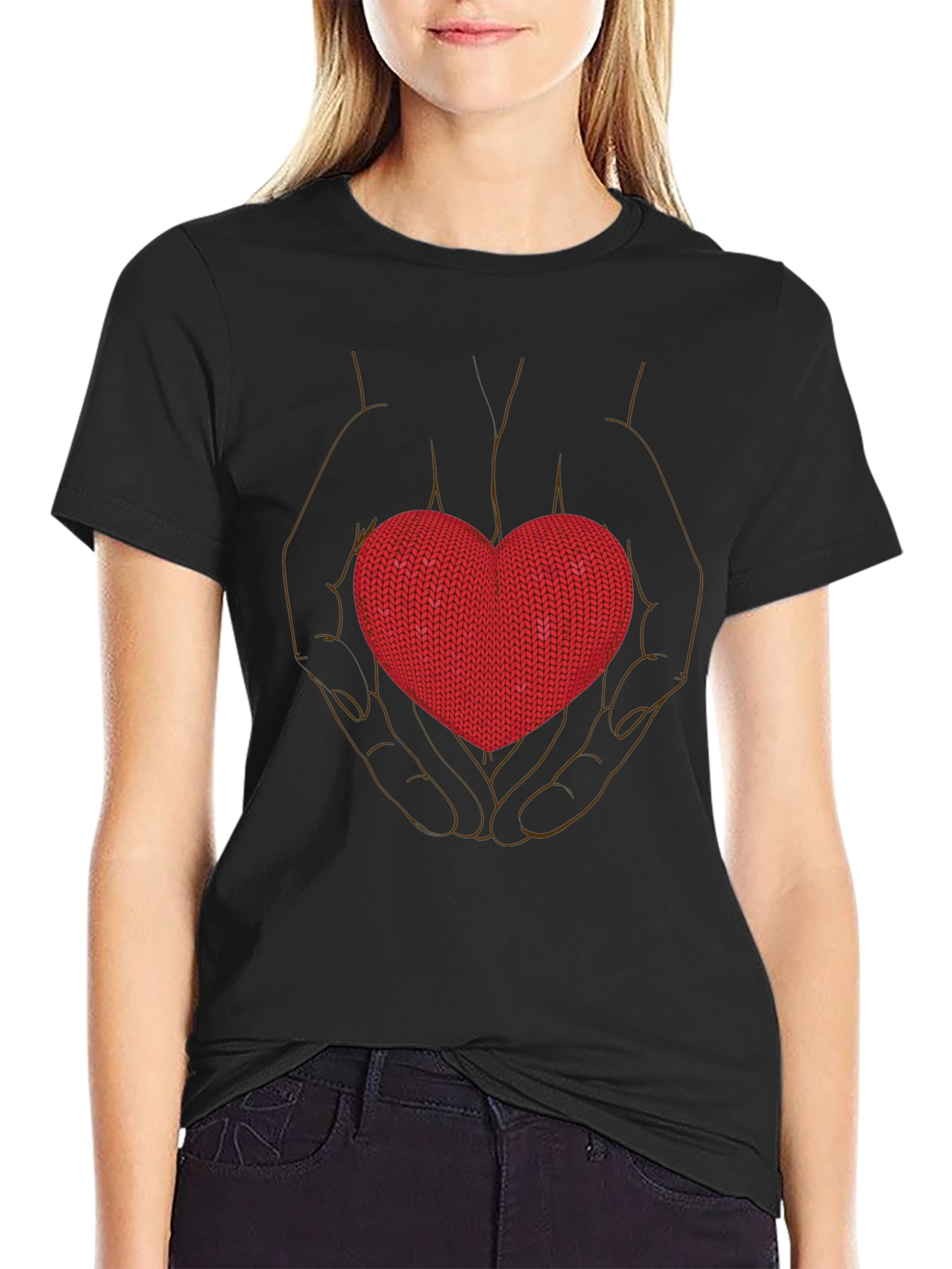 Heart in Hands Graphic Tee - Black Crew Neck