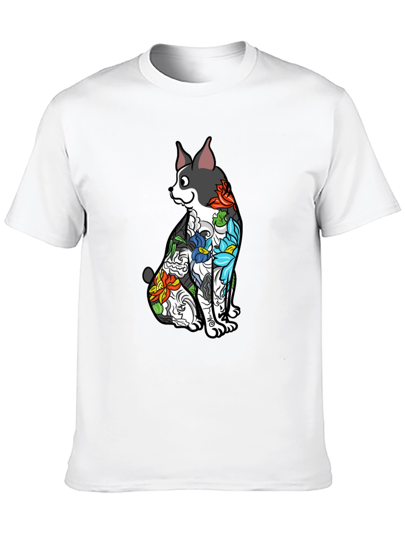 Dog Floral Tattoo Print Black T-Shirt