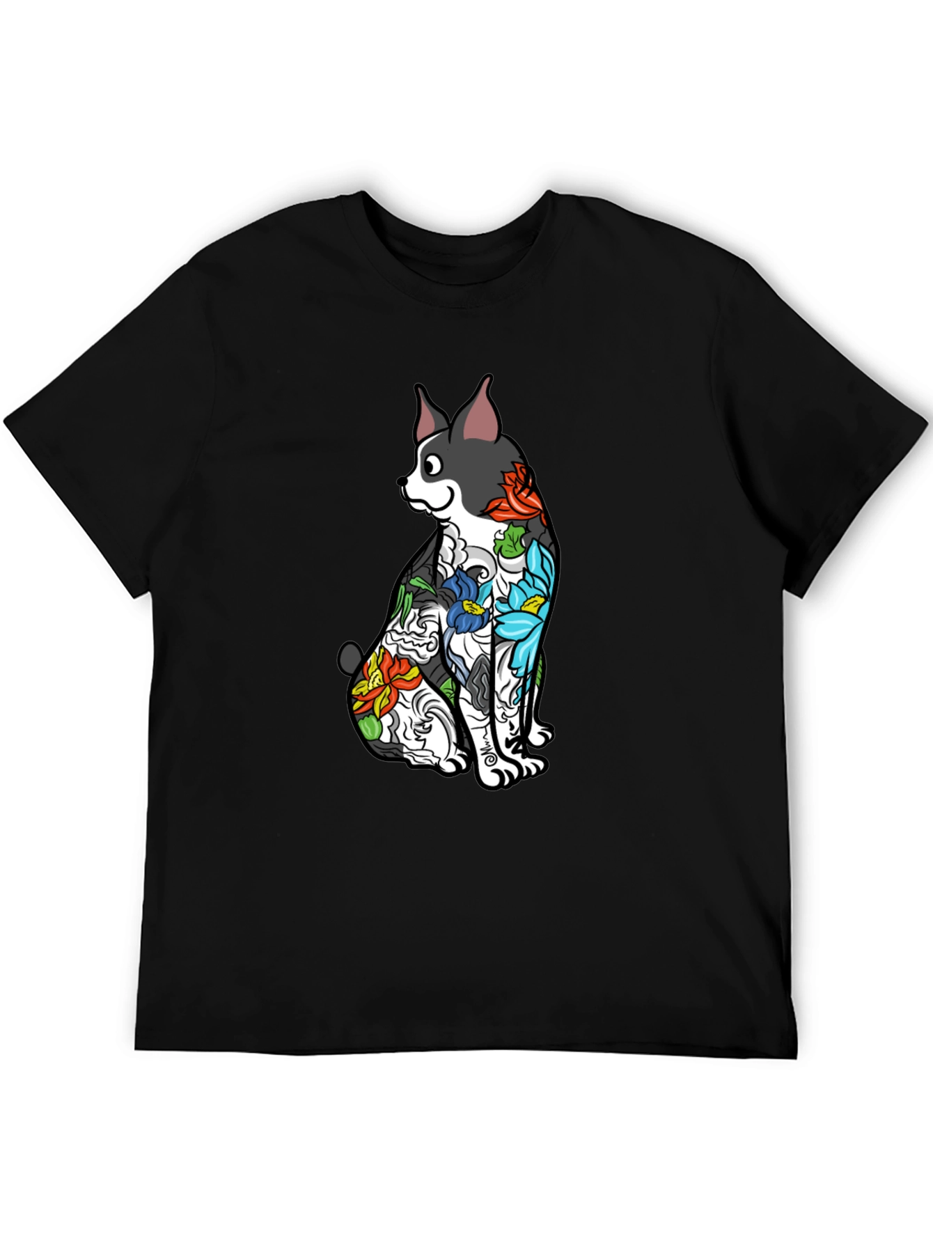 Dog Floral Tattoo Print Black T-Shirt