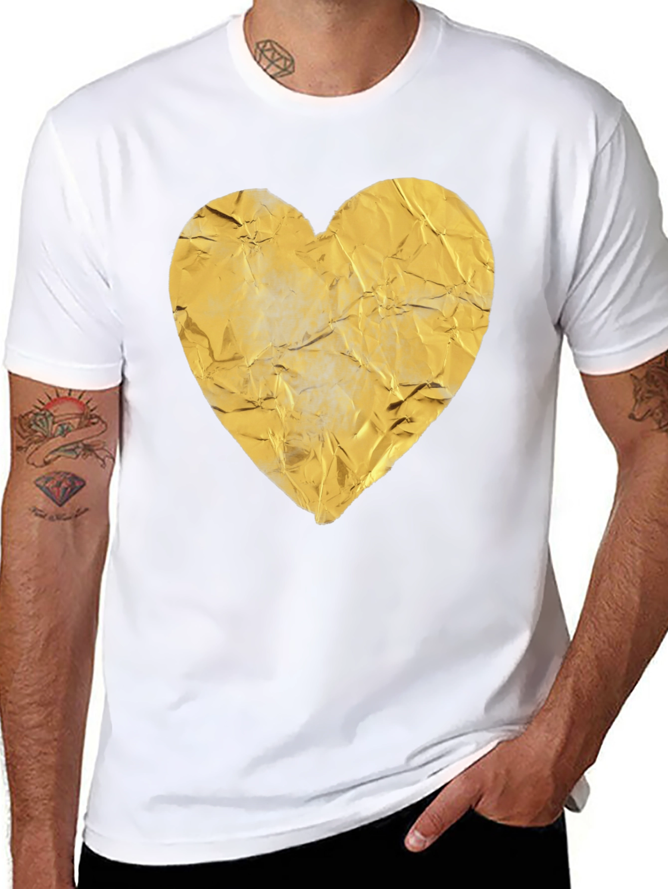 Crinkled Golden Heart Graphic Tee - Black Casual T-Shirt