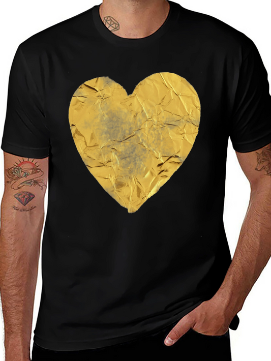 Crinkled Golden Heart Graphic Tee - Black Casual T-Shirt